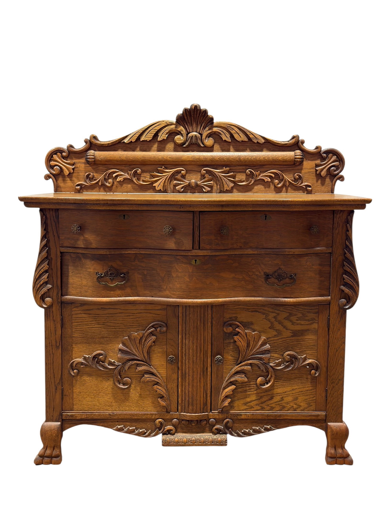 Cir 1900s American Carved Oak Server w/ Foliate Motifs (1 of 13)