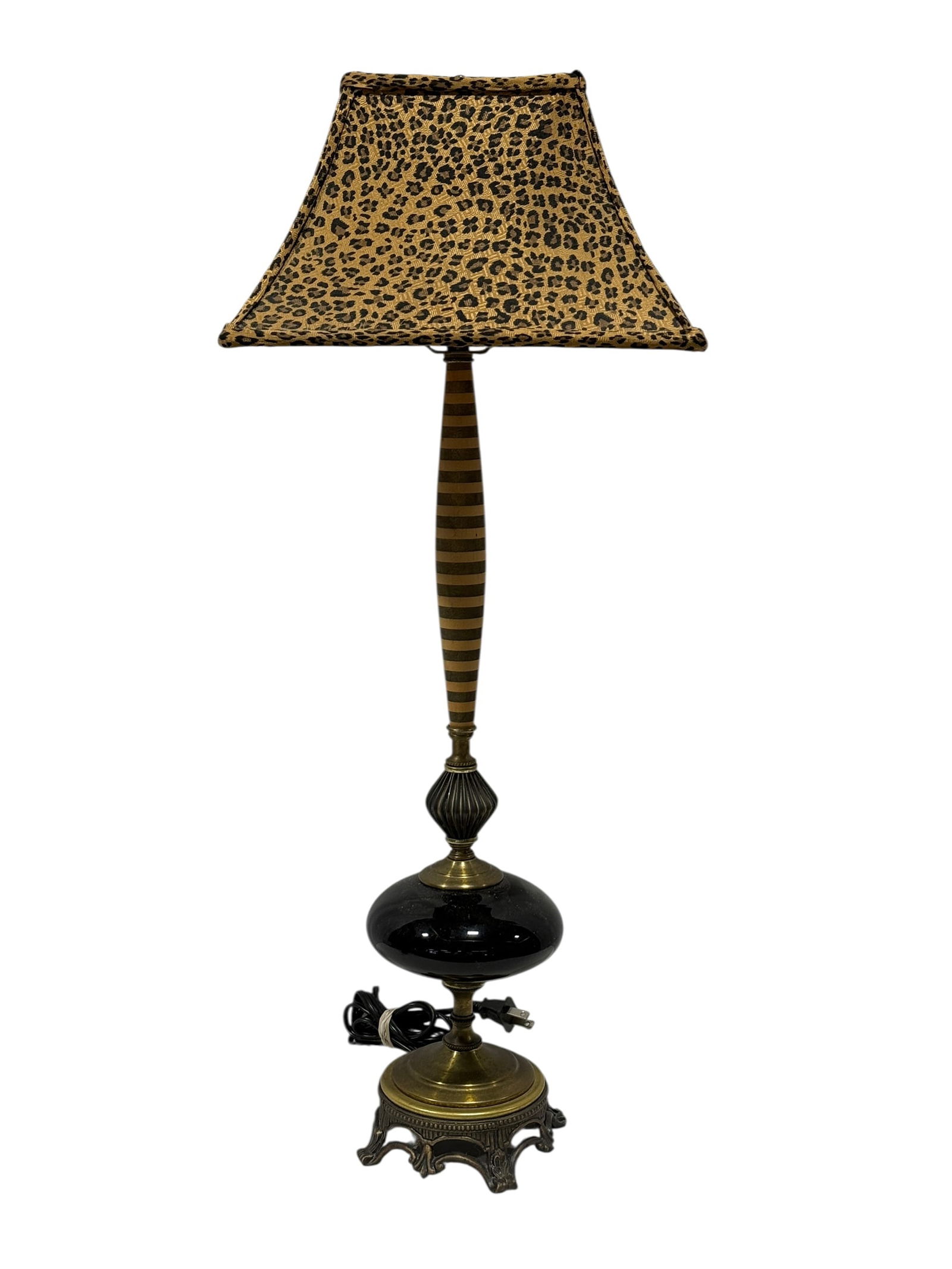 1994 Signed Dez Ryan Hollywood Regency Style Table Lamp: This striking Hollywood Regency style table lamp is signed and dated “Dez Ryan 1994” on the brass base and features an elegant mix of bold pattern and classic form, with a dramatic tapered