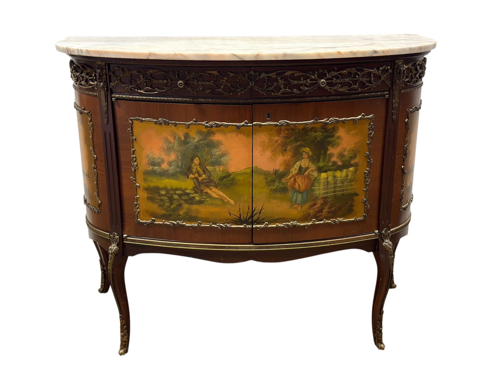 Mid-20th C. Spanish Louis XV Style Marble-Top Cabinet: Elegant mid-20th century Louis XV style demi-lune cabinet, likely Spanish made (retains “Made in Spain” label to verso), featuring a beautifully shaped white and blush-toned marble top wit