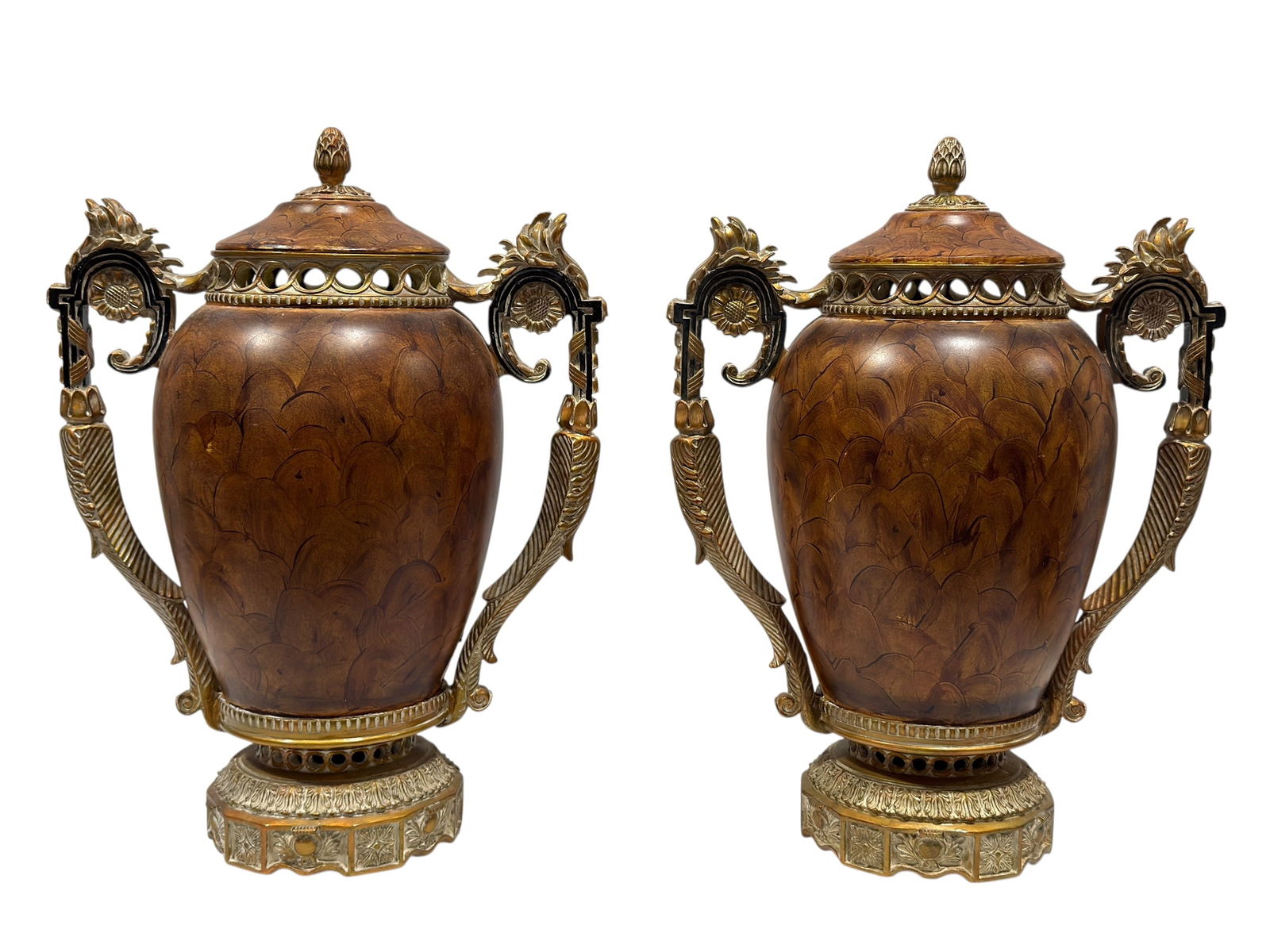 Pair of John-Richard Caramel & Bronzetone Ornate Lidded Urns (1 of 9)
