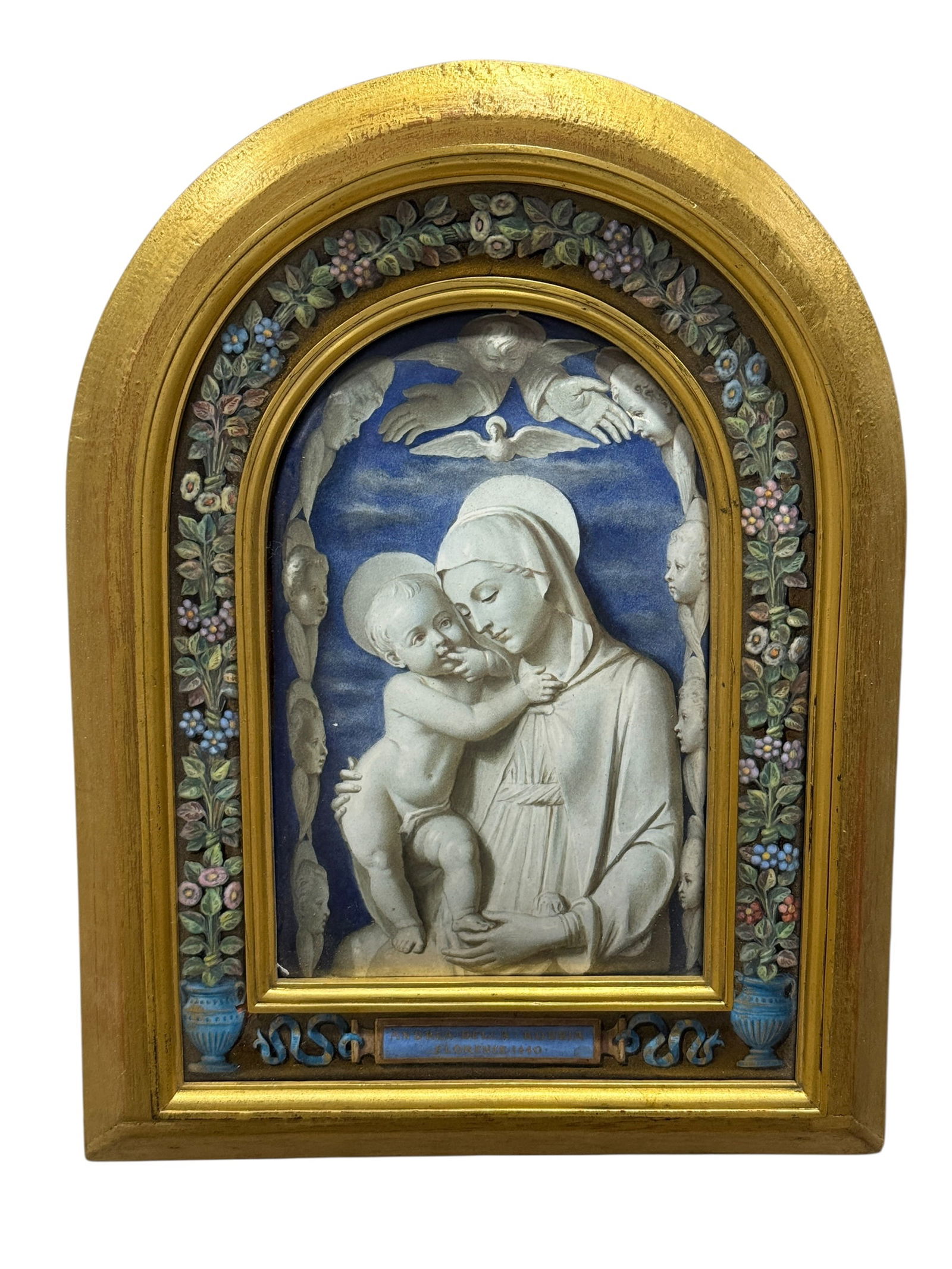 Early-Mid 20th C. French Enamel Madonna & Child Relief Plaque: Beautiful French enamel devotional plaque depicting the Madonna and Child in a serene Renaissance-inspired composition, framed by a richly colored floral border with cherubic faces and a vivid blue