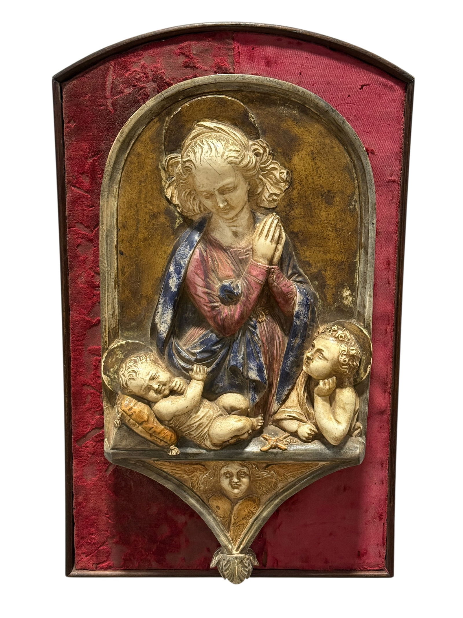 19th Century Italian Marble Madonna and Child Relief Plaque: A finely carved 19th century Italian marble relief plaque depicting the Madonna in prayerful devotion above the Christ Child and a youthful attendant angel, rendered in high relief with graceful