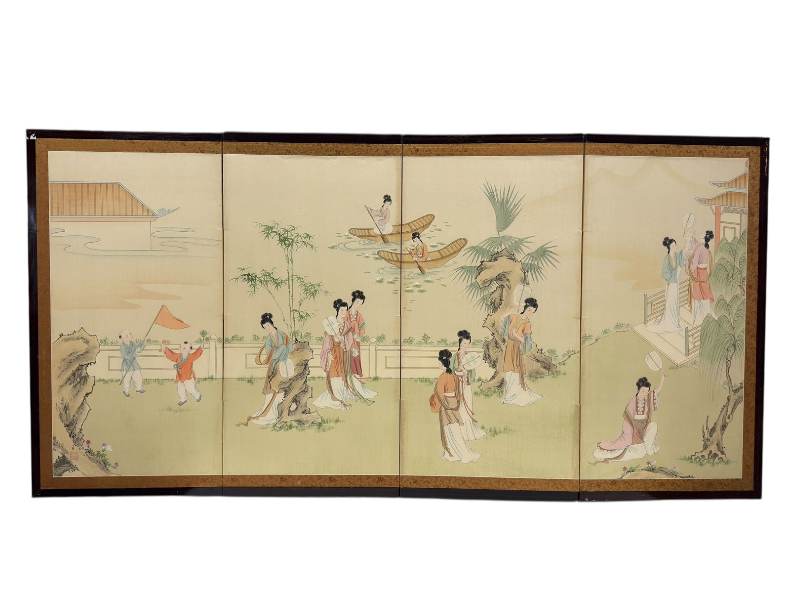 20th C. Chinese Style 4 Panel Painted Wall Screen (1 of 8)