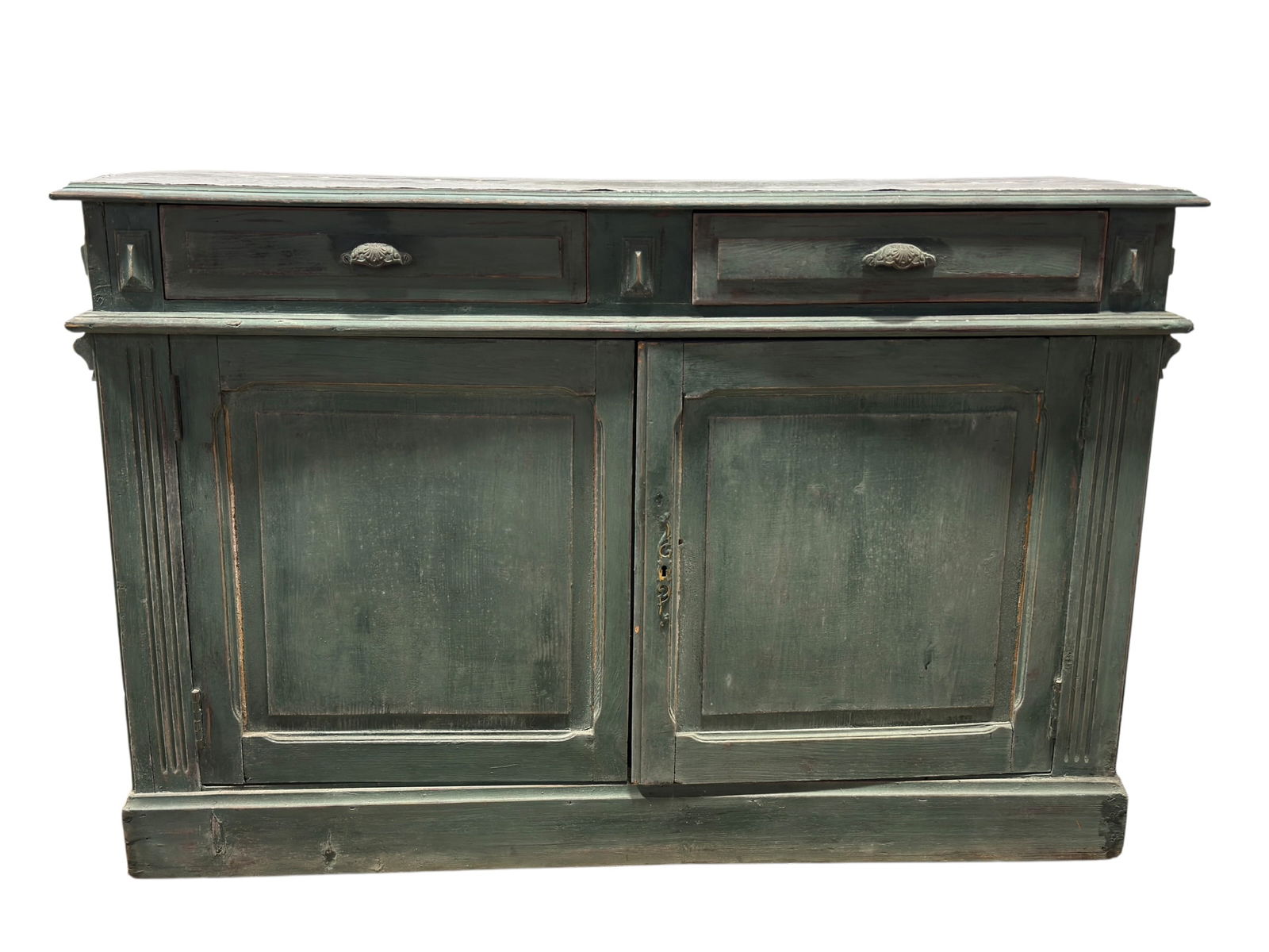 Antique French Provincial Style Zinc-Top Kitchen Island: A substantial antique French Provincial style kitchen island or server featuring a fitted zinc top over a painted wooden base in a distressed deep green finish with subtle red undertones showing throu