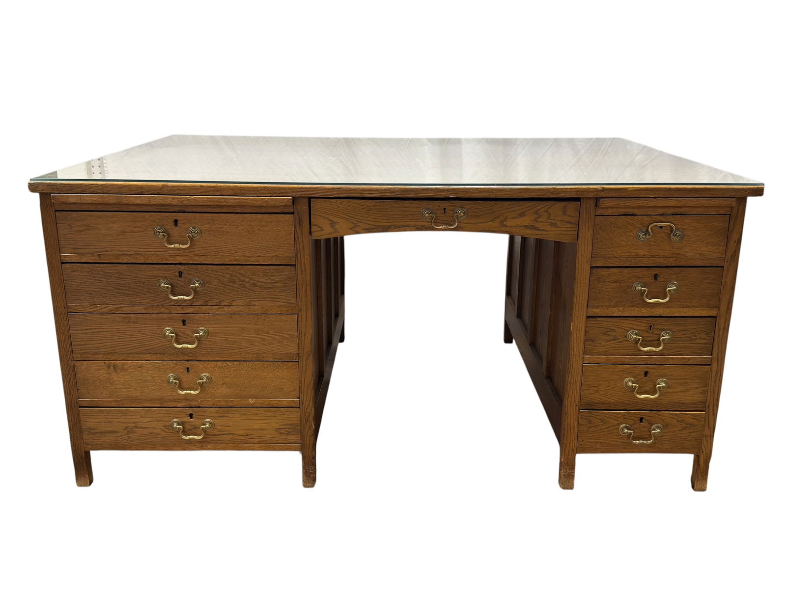 Early 20th C. American Oak Partners Desk w/ Glass Top (1 of 13)