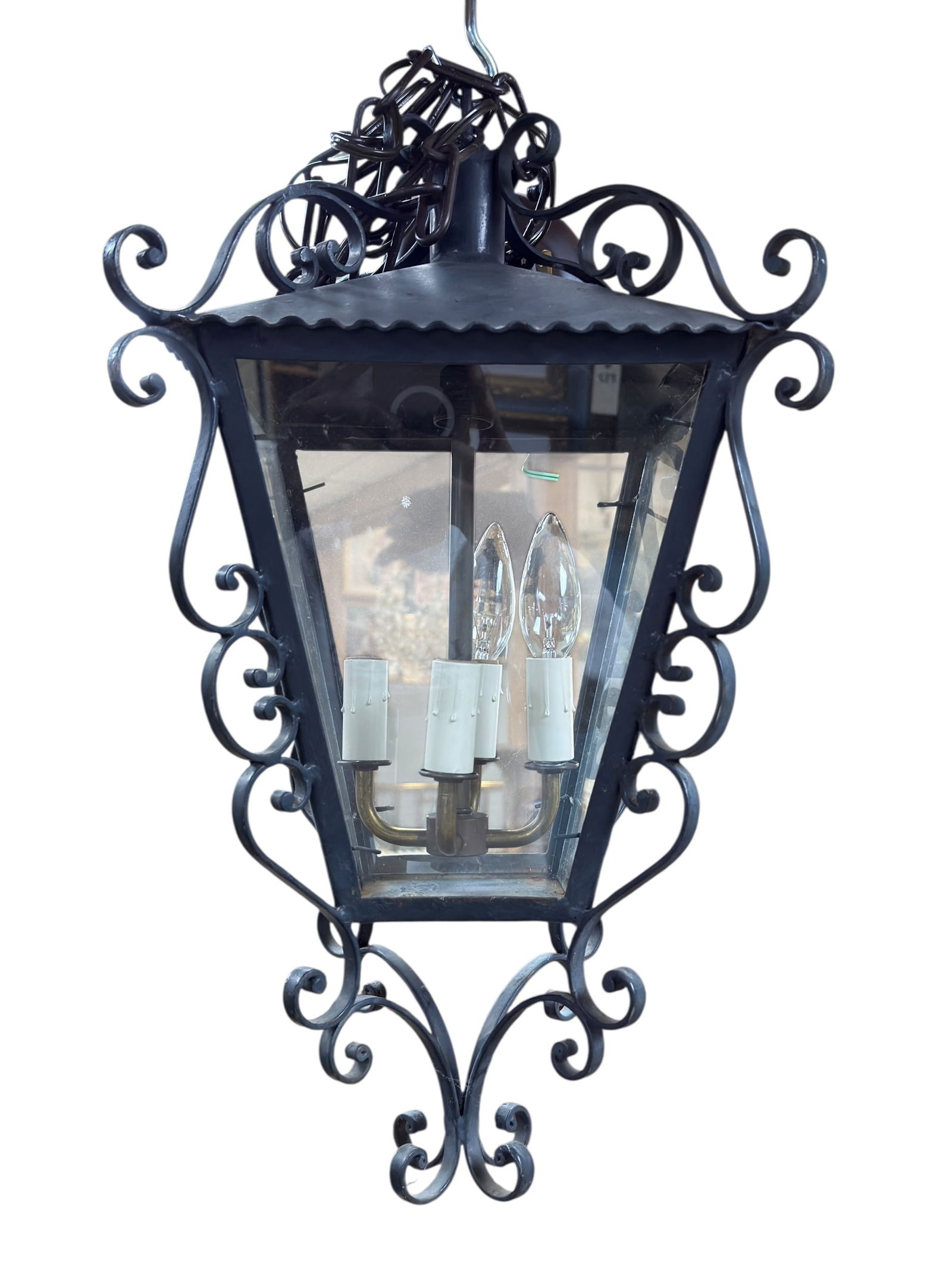 French Wrought Iron Hanging Lantern Light Fixture (1 of 4)