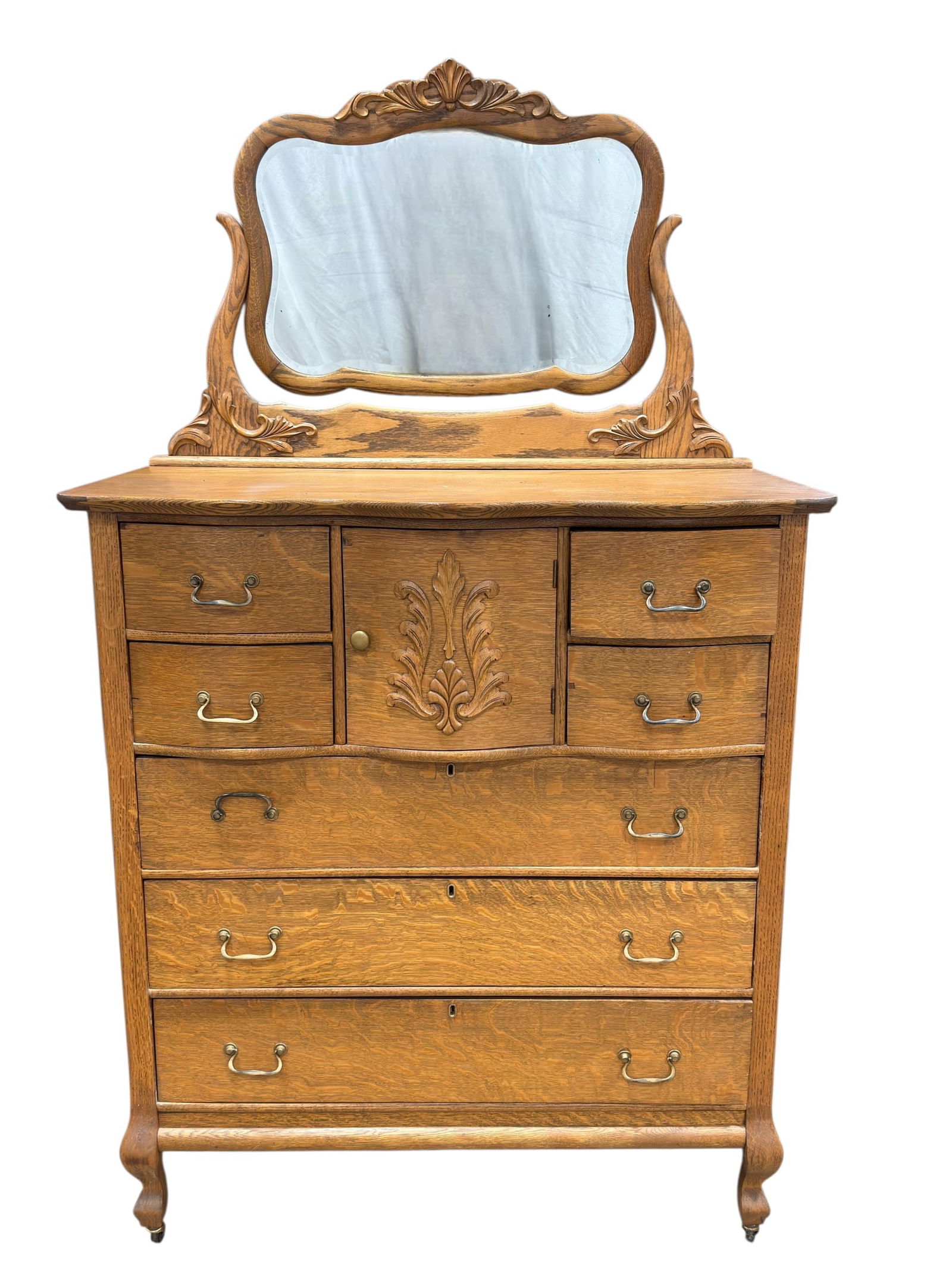 Early 20th C. Quarter Sawn Oak Dresser w/ Mirror & Hat Box (1 of 11)