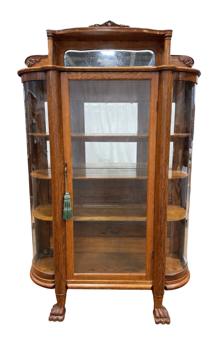 Antique Quarter-Sawn Oak Bow Front Curio Cabinet w/ Mirror Back (1 of 8)