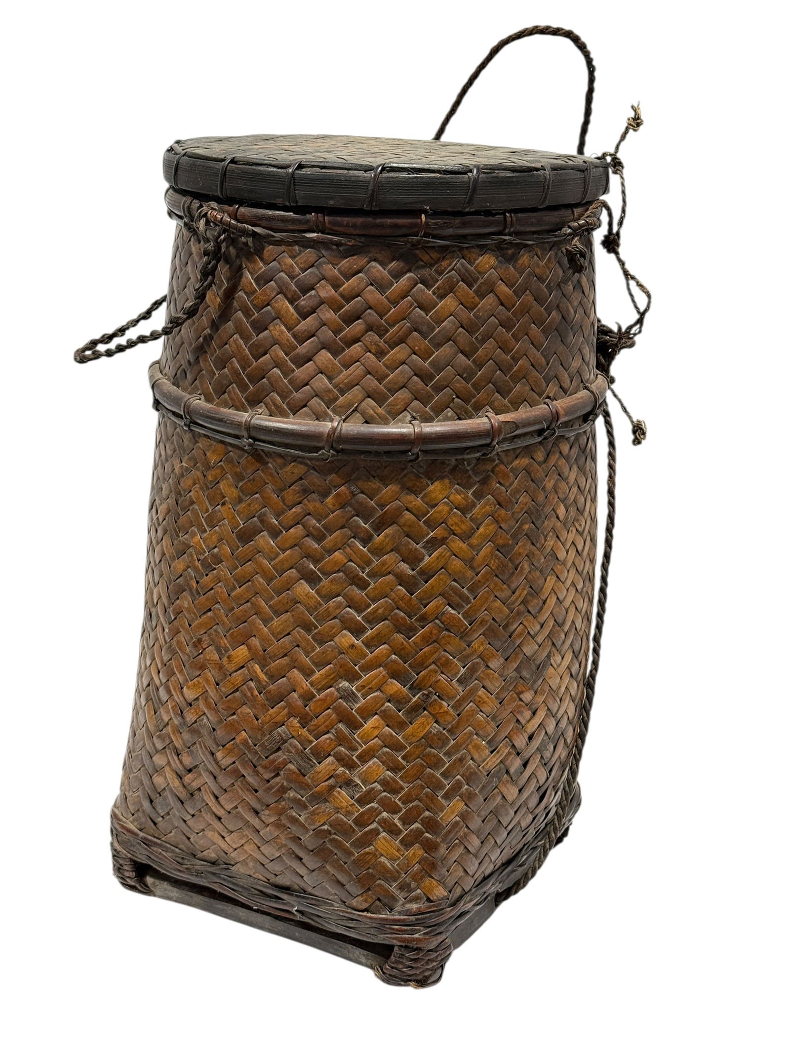 Antique Handwoven Cane Gathering Basket w/ Lid & Rope: Large antique handwoven cane basket of tapered cylindrical form featuring tight herringbone weave construction in rich warm brown tones, reinforced with double wrap bands at the rim and midsection, an