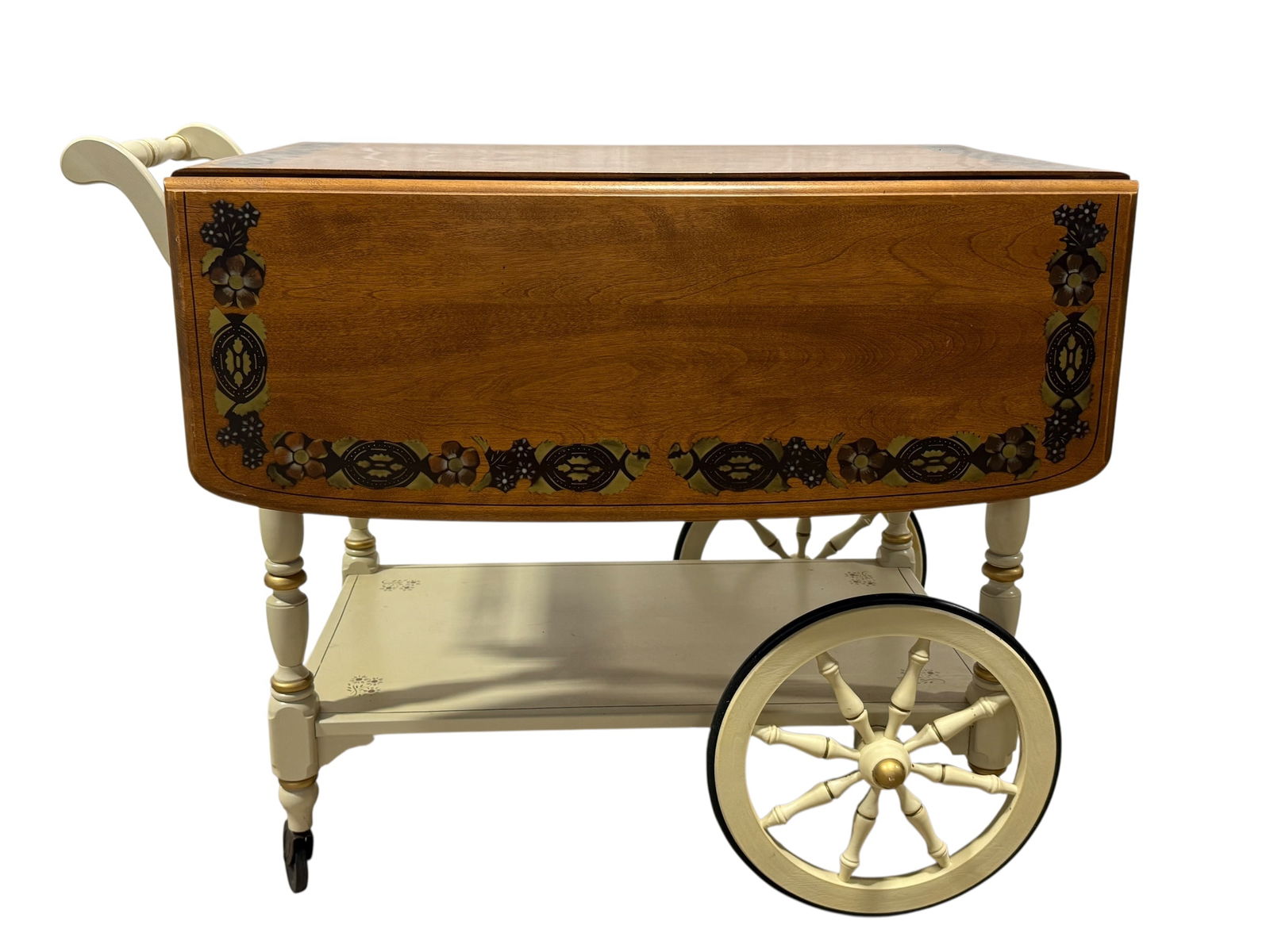 1970s Ethan Allen Drop Leaf Stencil Decorated Tea Cart (1 of 10)