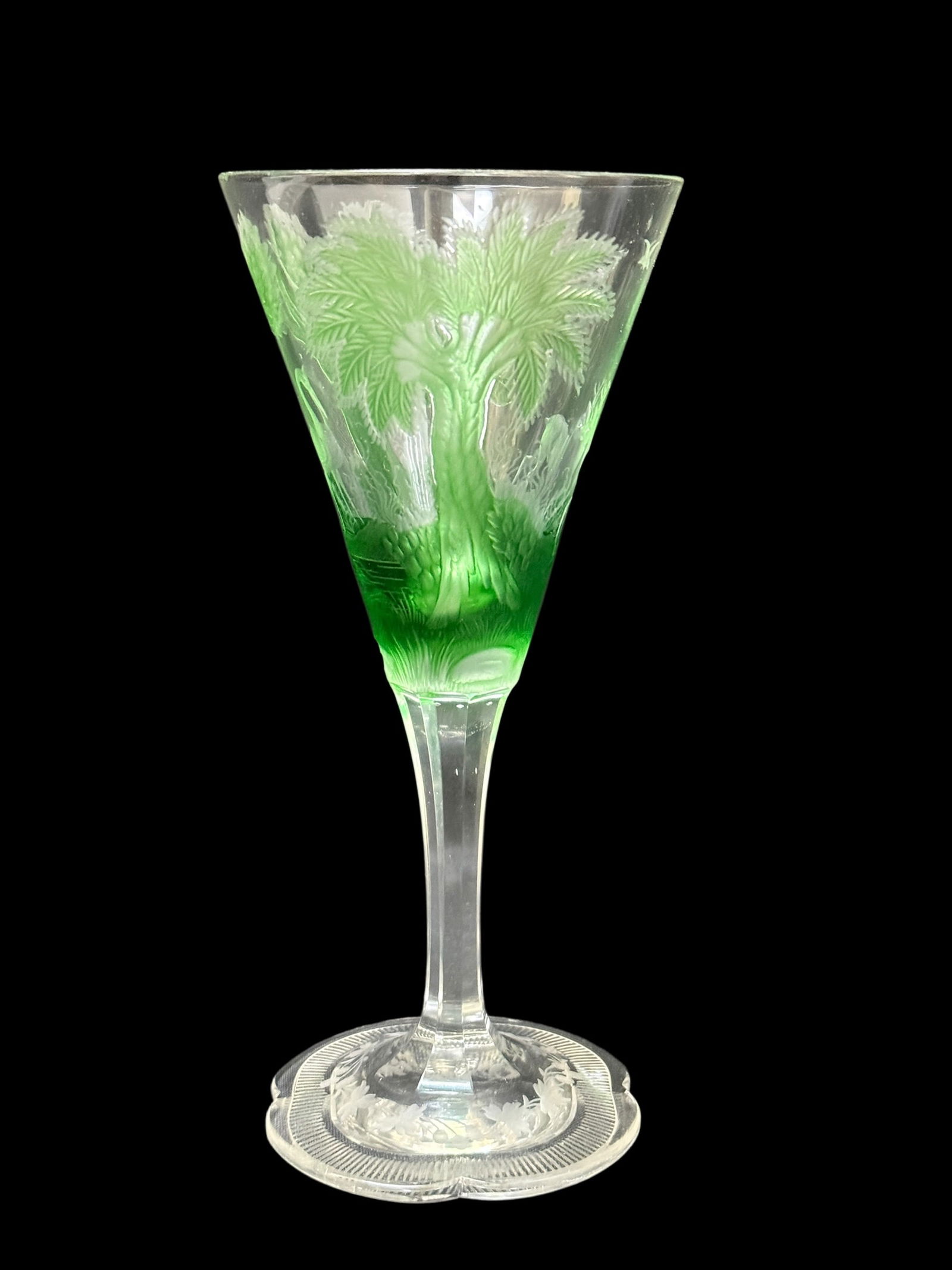 Late 19th Century Signed Moser Green Cameo Art Glass Wine Goblet: Exceptional late 19th century Moser cameo art glass wine goblet featuring a beautifully executed forest landscape in green-to-clear gradient glass, the conical bowl intricately acid-etched and carved
