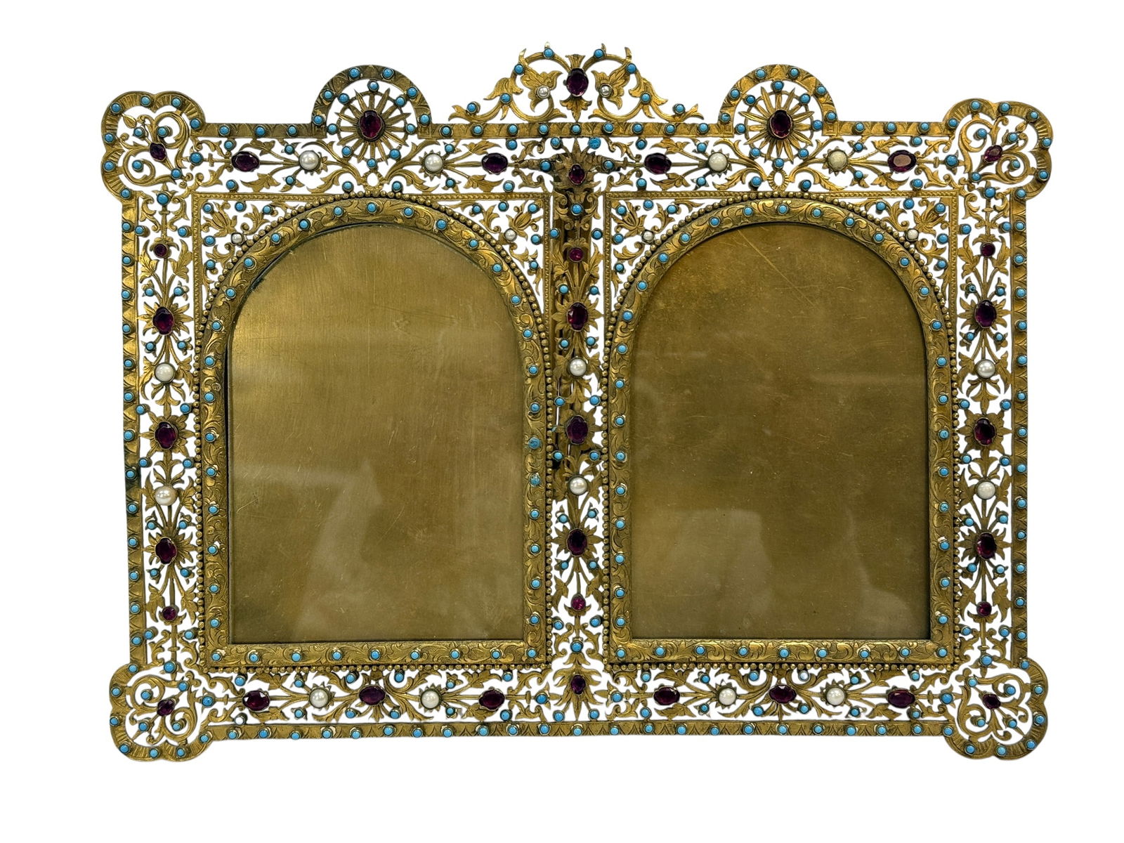 Late 19th Century French Gilt Bronze Jeweled Double Easel Picture Frame (1 of 10)