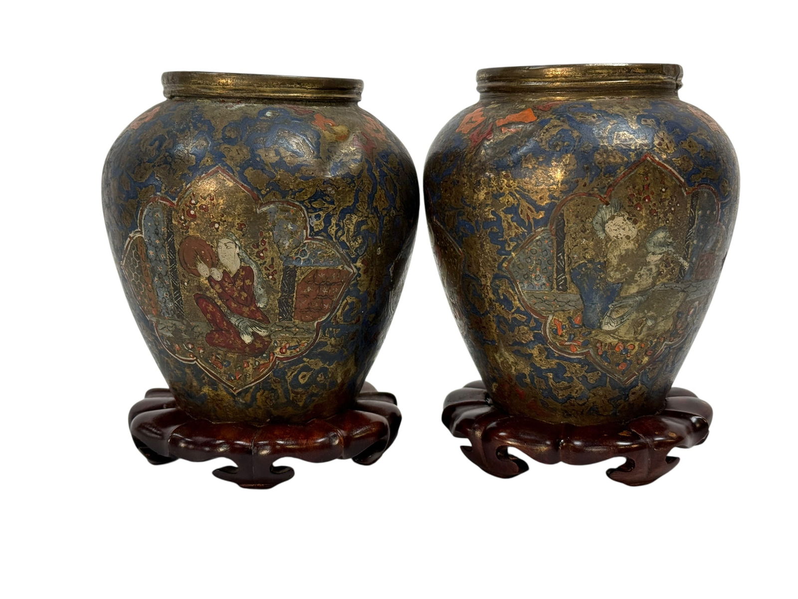 Pair of 19th C. Chinese Enameled Baluster Vases: Pair of 19th century Chinese enameled baluster-form vases of rounded ovoid shape with short everted rims, richly decorated in polychrome enamels and gilt against a deep cobalt-blue ground with scrolli
