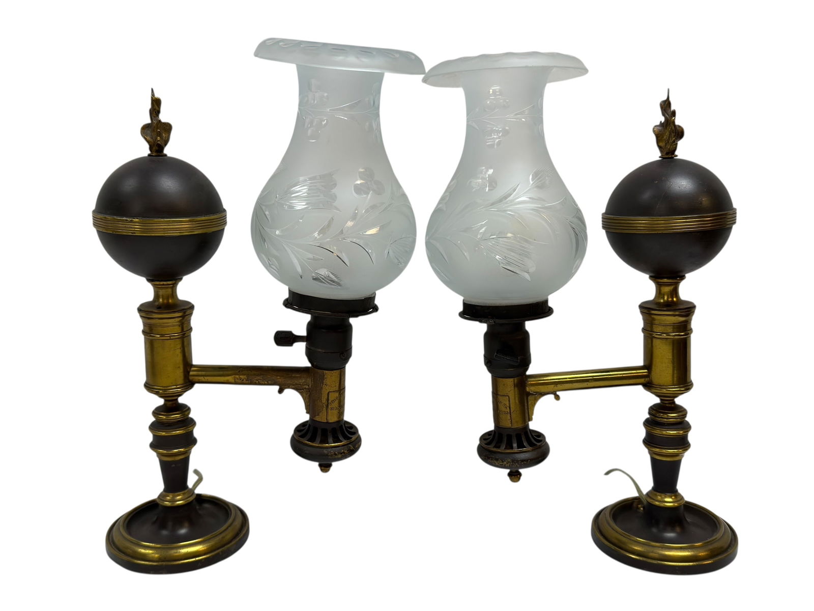19th C. Johnston Brookes & Co. London Gilt & Patinated Bronze Argand Lamps, Pair: Impressive pair of 19th century Argand table lamps by Johnston Brookes & Co., Manufacturers, London, each finely crafted in gilt and patinated bronze with classical form, the bodies featuring spherica