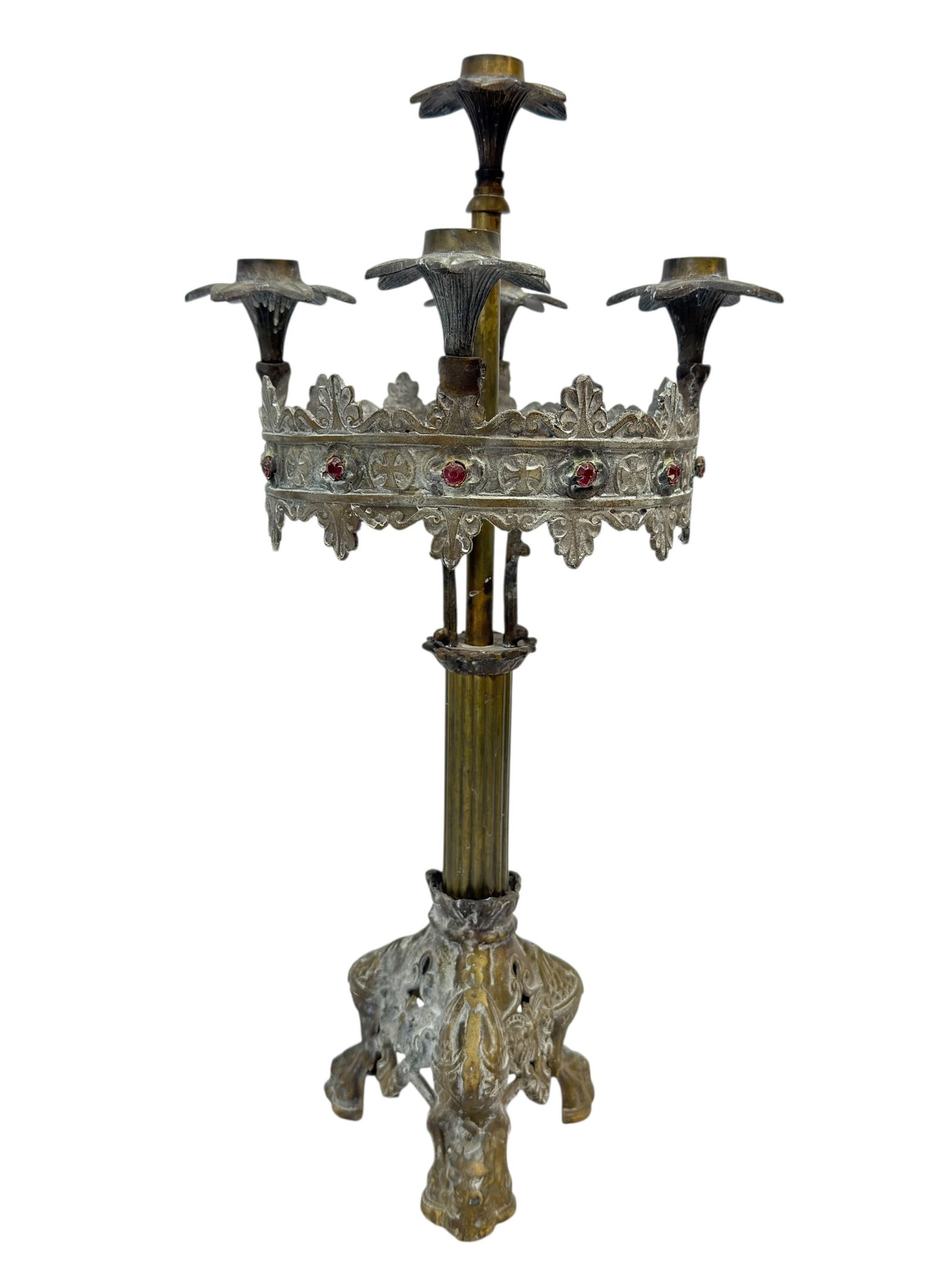 19th C. Gothic Revival Brass Jeweled Crown Form Candelabra (1 of 12)