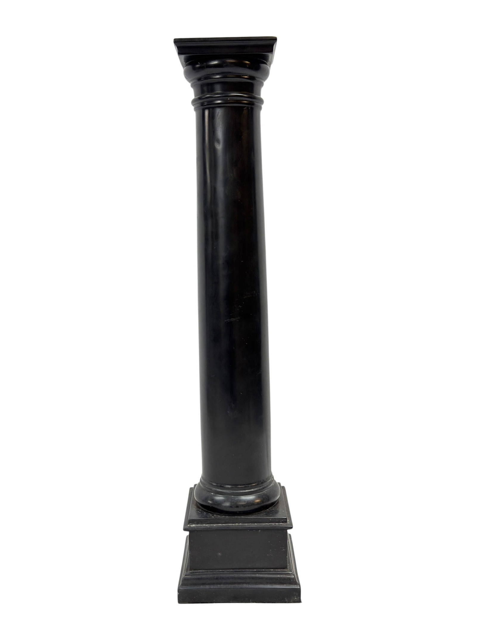 Contemporary Slate Black Grand Tour Style Column Pedestal: Contemporary slate black Grand Tour style column pedestal, modeled after classical architectural forms with a smooth cylindrical shaft rising from a stepped square plinth base and topped with a molded
