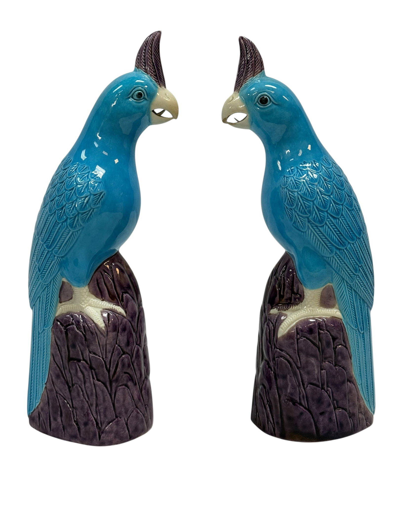 Chinese Turquoise & Purple Glazed Porcelain Parrot Figures, Pair (1 of 10)