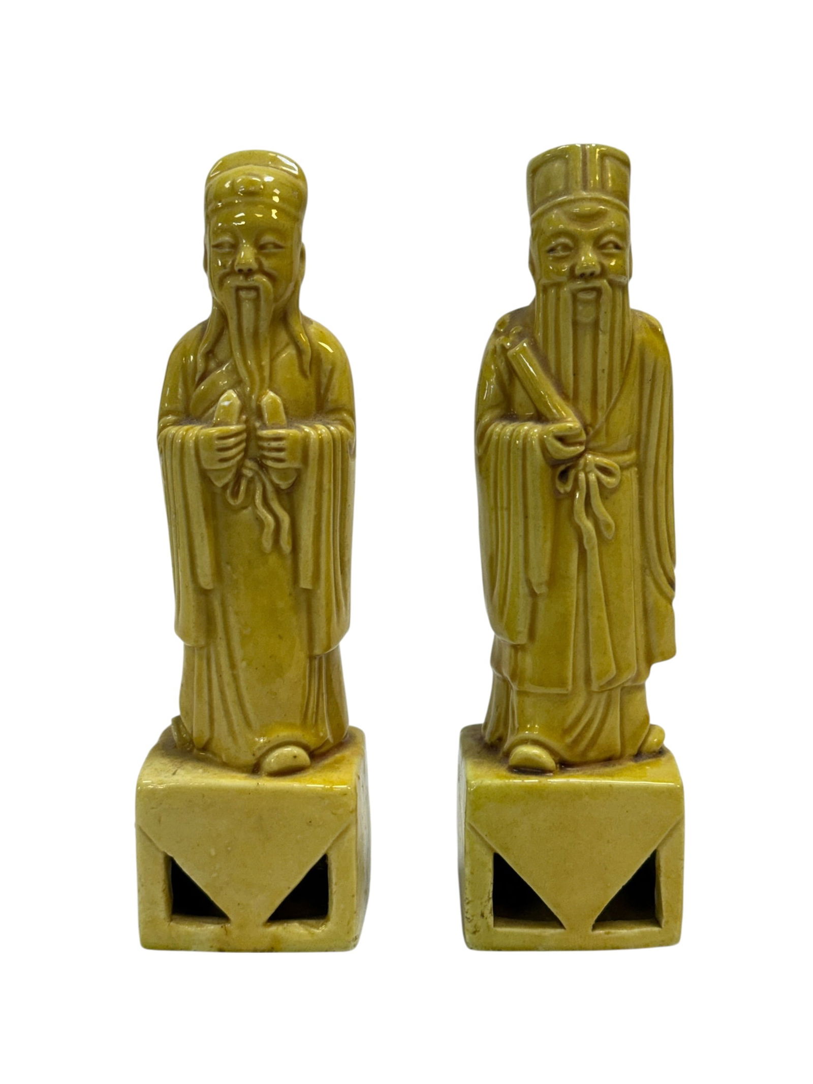 Antique Chinese Mustard Glazed Porcelain Scholar Figures, Pair (1 of 7)