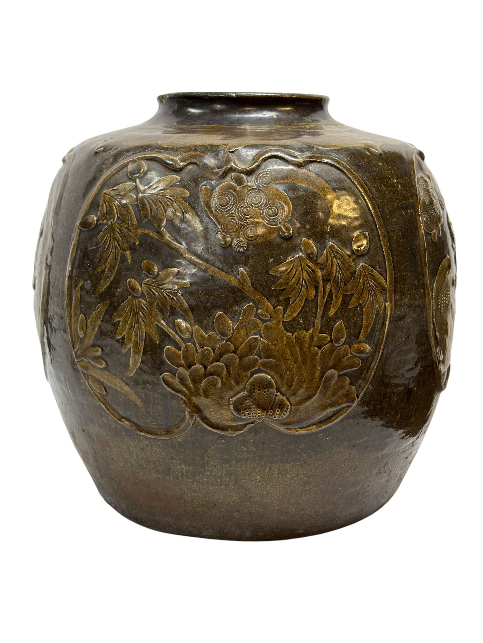 19th C. Chinese Martaban Stoneware Storage Jar w/ Relief Panels: Large 19th century Chinese Martaban-type stoneware storage jar of baluster form with short rolled rim and broad shoulder, decorated in high relief with four framed panels featuring stylized flora and