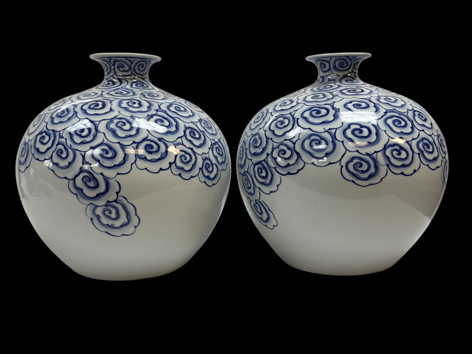 Pair of Large Blue & White Porcelain Cloud Scroll Vases (1 of 6)