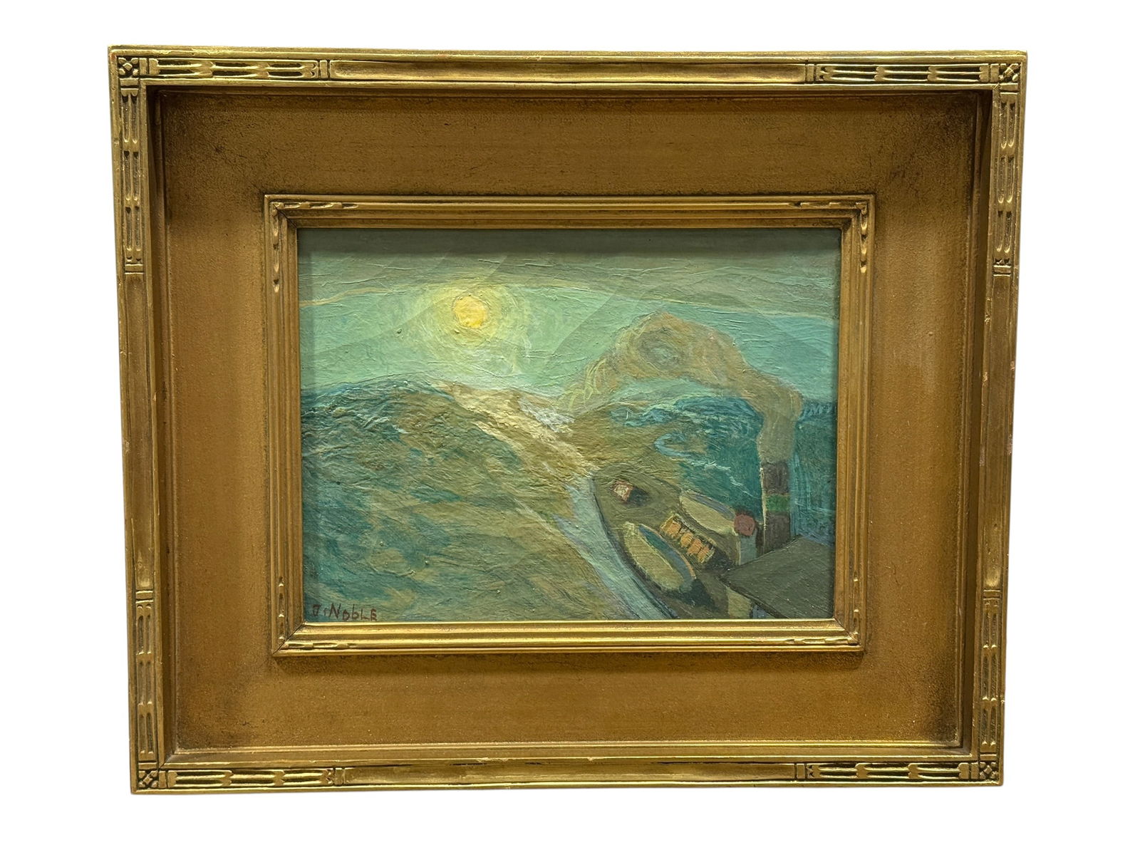 Signed J. Noble Fine 1927 “The Path of the Moon,?? Oil on Canvas Painting: 1927 oil on canvas titled The Path of the Moon by John Noble (American, 1874–1934), signed lower left “J. Noble,” depicting a stylized nocturnal maritime scene with a luminous moon casting a