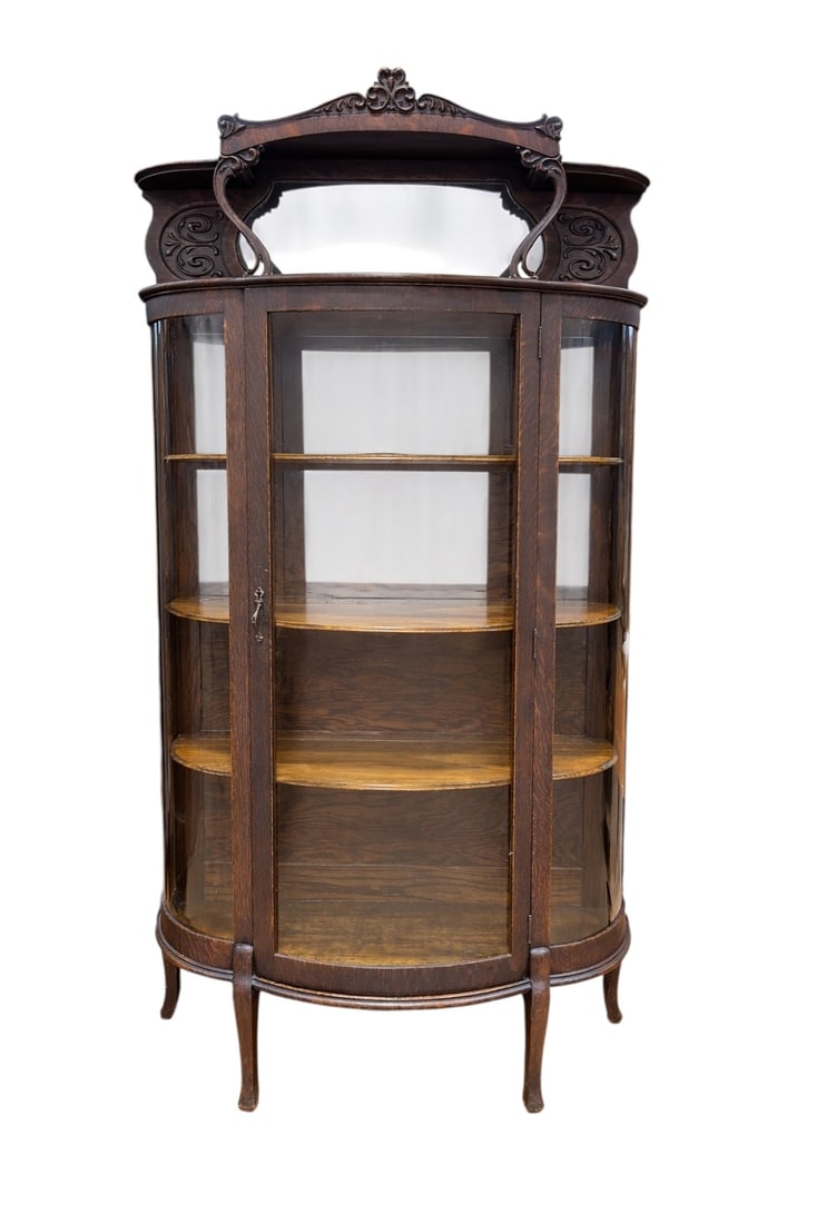 Early 20th C. Oak Bow-Front China Cabinet w/ Mirrored Gallery (1 of 7)