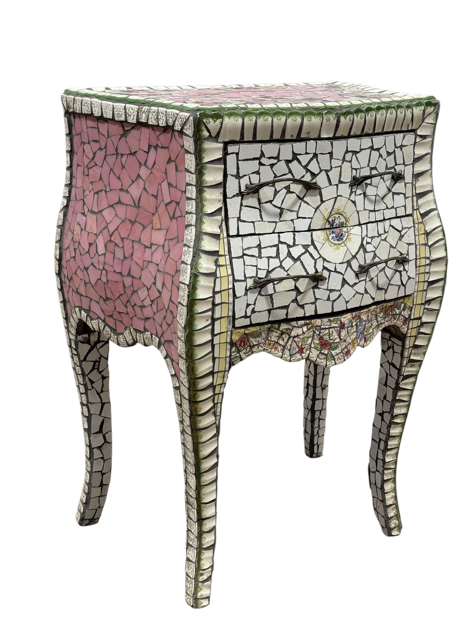 Vintage Mosaic Porcelain Tile 2 Drawer Bombe Form Chest: 20th century decorative two-drawer bombe-form chest fully clad in hand-applied mosaic porcelain and ceramic tile fragments, the rectangular top decorated in a striking pink ground composed of