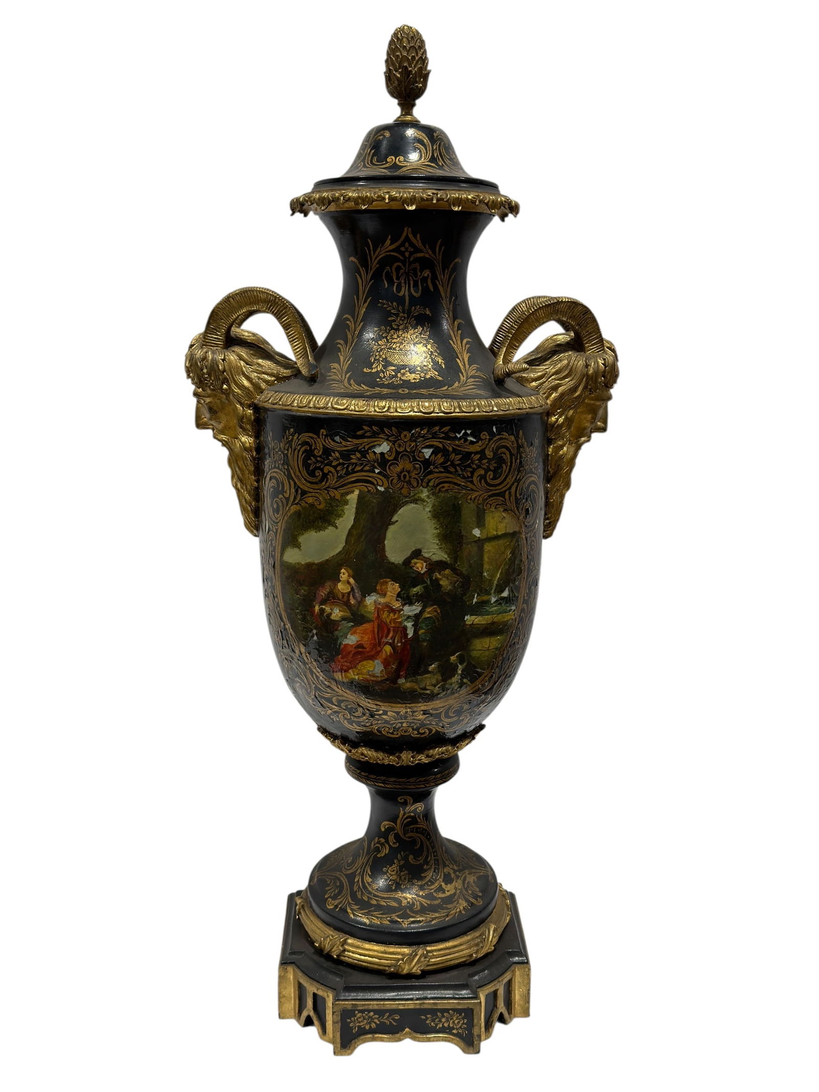Large Napoleon III Style Black & Gilt Composition Urn w/ Ram Heads: Large Napoleon III style monumental decorative urn of baluster form with domed lid surmounted by a pinecone finial, the surface finished in a deep black ground extensively adorned with gilt