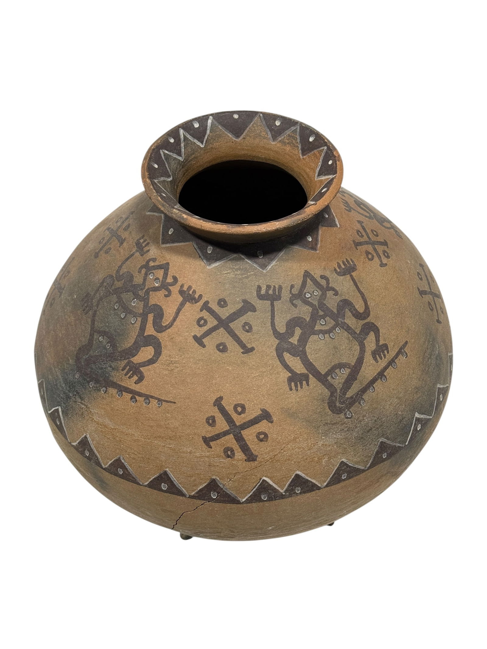 Sasak Pottery Vase on Stand: Sasak Pottery Vase on Stand. Measures 11.5" H x 12" W x 12" D. Has a crack on the side and a hole.