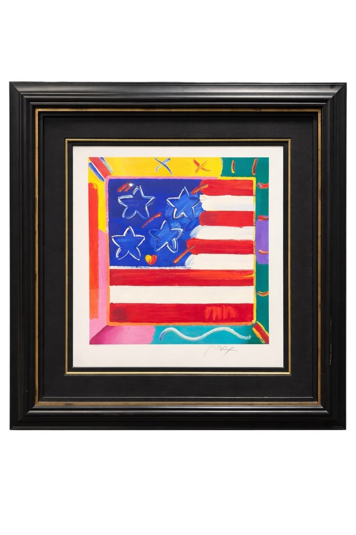 Peter Max “Flag with Heart" Hand-Signed Serigraph: Bold and vibrant 2015 color serigraph on wove paper titled Flag with Heart by celebrated Pop artist Peter Max (American, b. 1937), featuring a stylized American flag rendered in Max’s expressive, pa