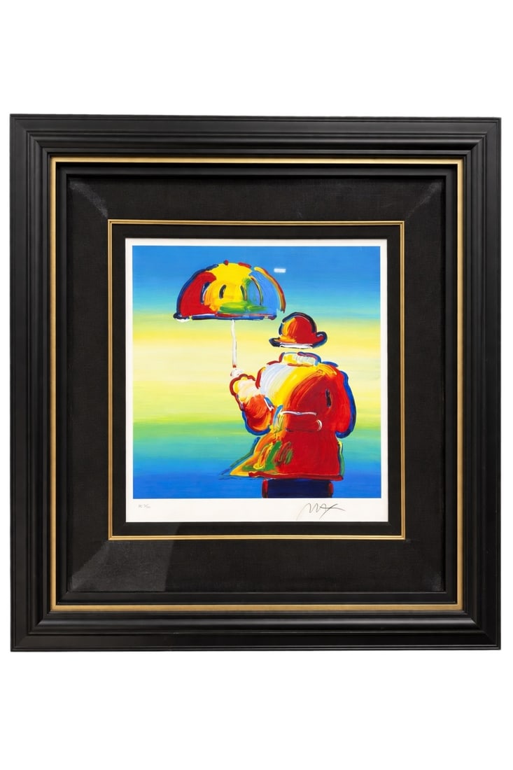 Peter Max “Umbrella Man" Hand-Signed HC Serigraph: Vibrant 2015 color serigraph on wove paper titled Umbrella Man by renowned Pop artist Peter Max (American, b. 1937), depicting a stylized, bowler-hatted figure seen from behind holding a brightly
