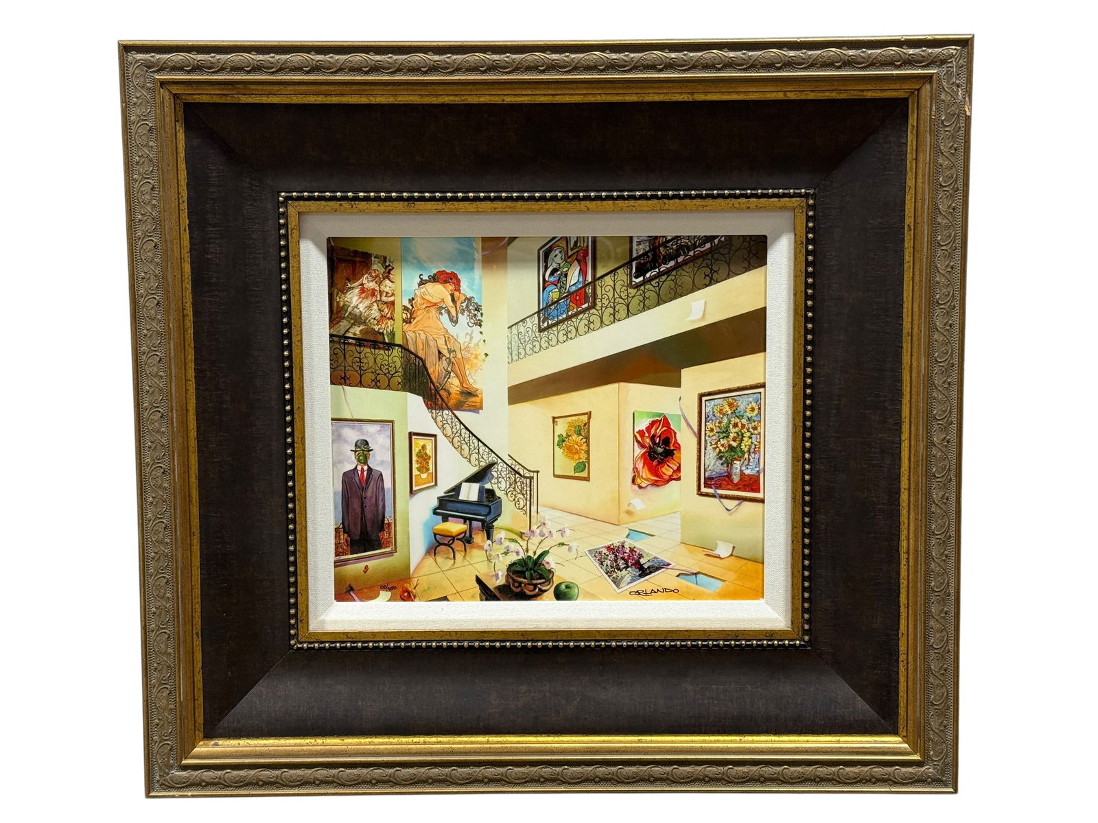 Orlando Rafael Quevedo “A Day of Love" Digital Print on Aluminum: Contemporary digital print on aluminum titled A Day of Love by Cuban artist Orlando Rafael Quevedo (Cuban, b. 1970), depicting an elegant, illusionistic interior gallery scene anchored by a sweeping