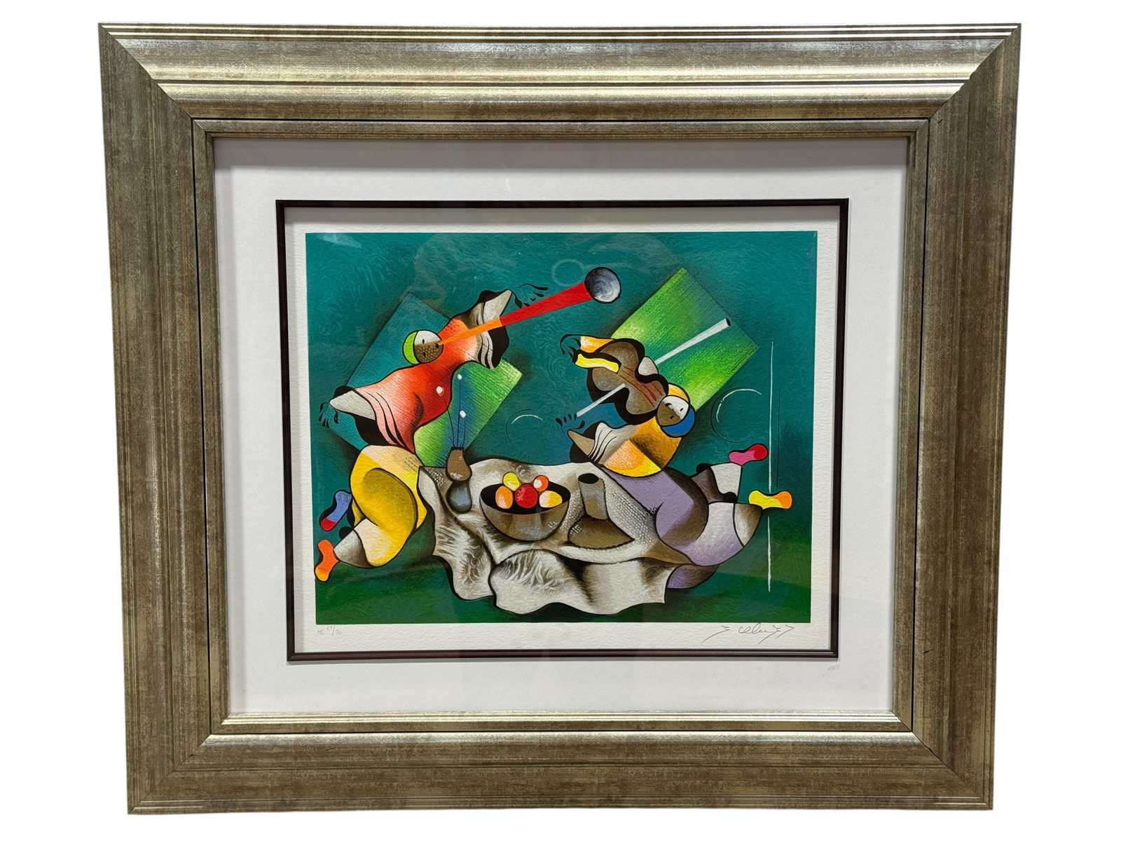 David Schluss “Verde Fiesta II" Limited Edition Serigraph: Color serigraph on paper titled Verde Fiesta II by listed Israeli artist David Schluss (Israeli, b. 1943), depicting a lively, cubist-inspired celebratory scene with two stylized musicians in dynamic