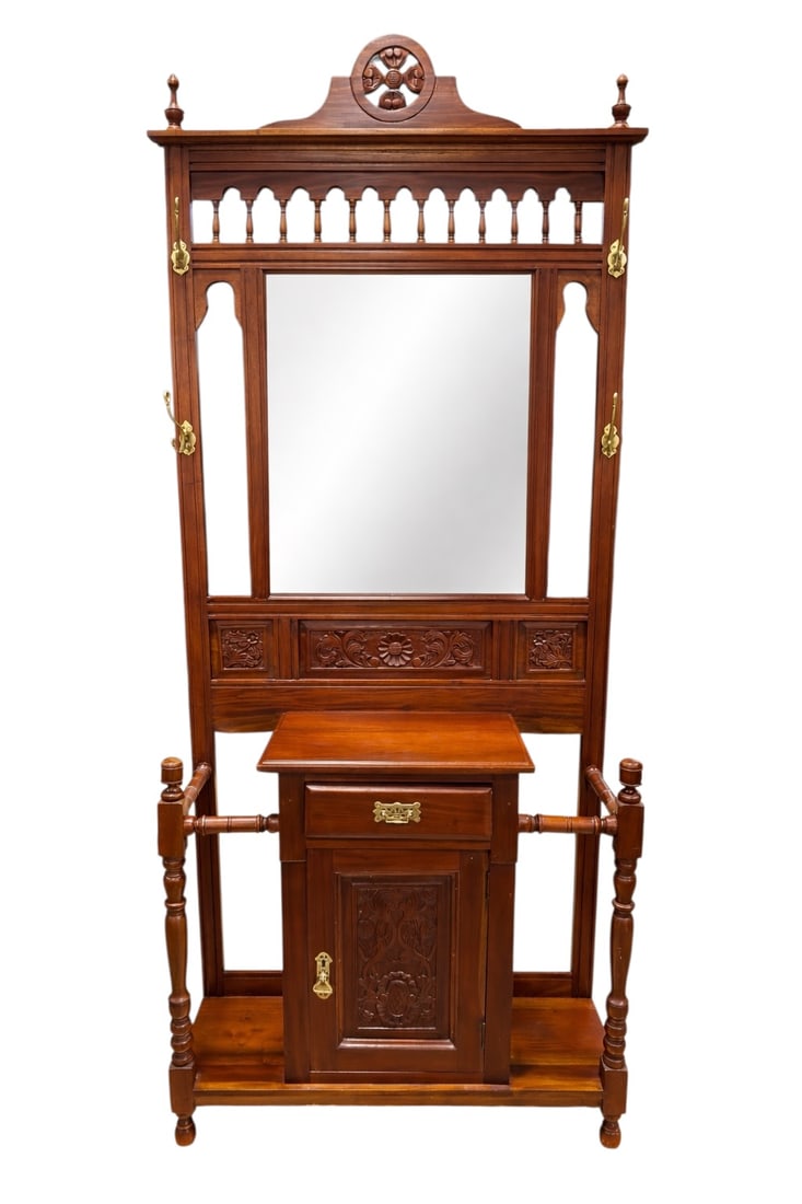 Indonesian Carved Mahogany Hall Tree w/ Mirror and Cabinet (1 of 10)