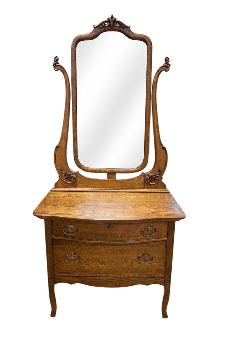 Early 20th C. Oak Dresser w/ Carved Mirror (1 of 10)