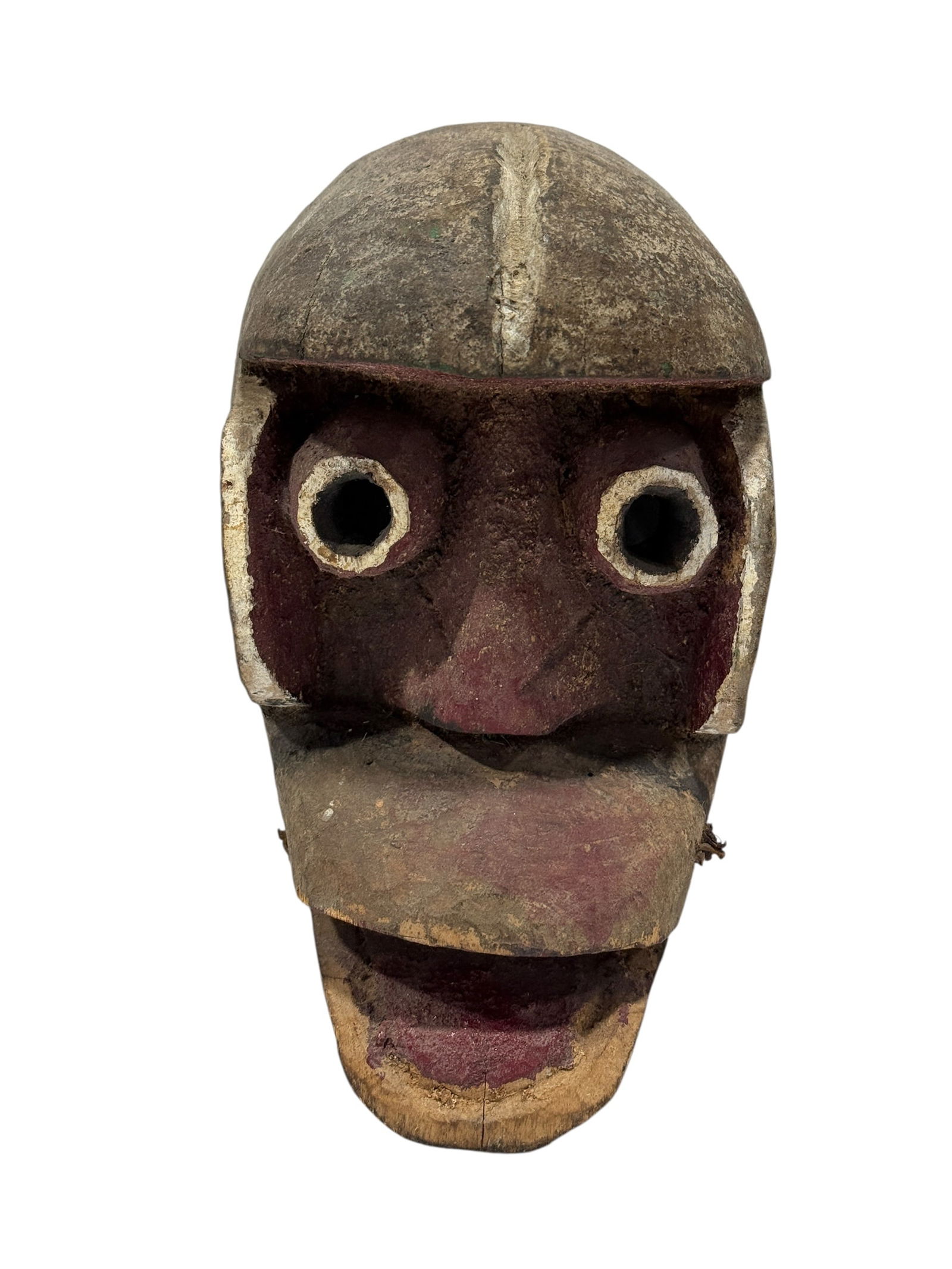 Late 20th C. Ivory Coast Carved Wood Monkey Face Mask: Late Striking 20th century West African carved wood monkey face mask, likely Ivory Coast (Côte d’Ivoire), boldly sculpted with a domed helmet-form head, deeply recessed circular eye openings