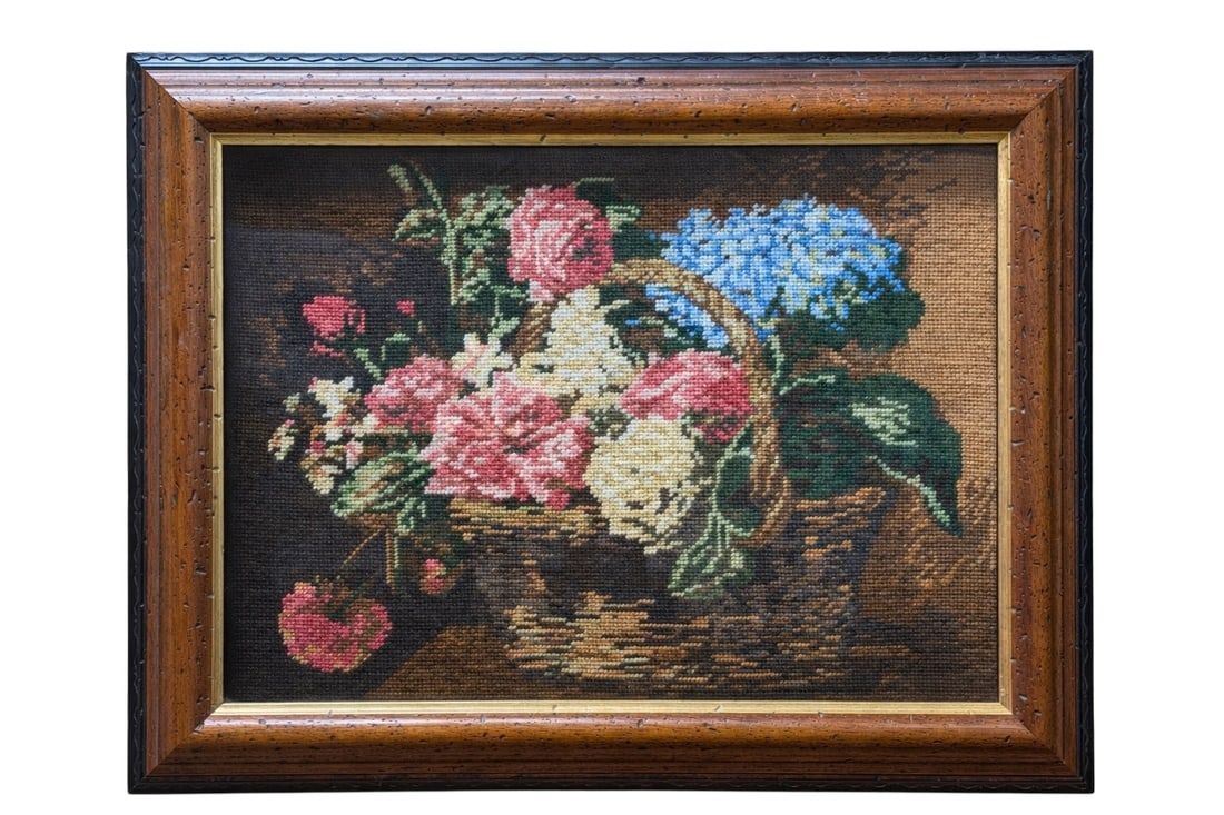 Vintage Framed Floral Still Life Needlepoint (1 of 5)