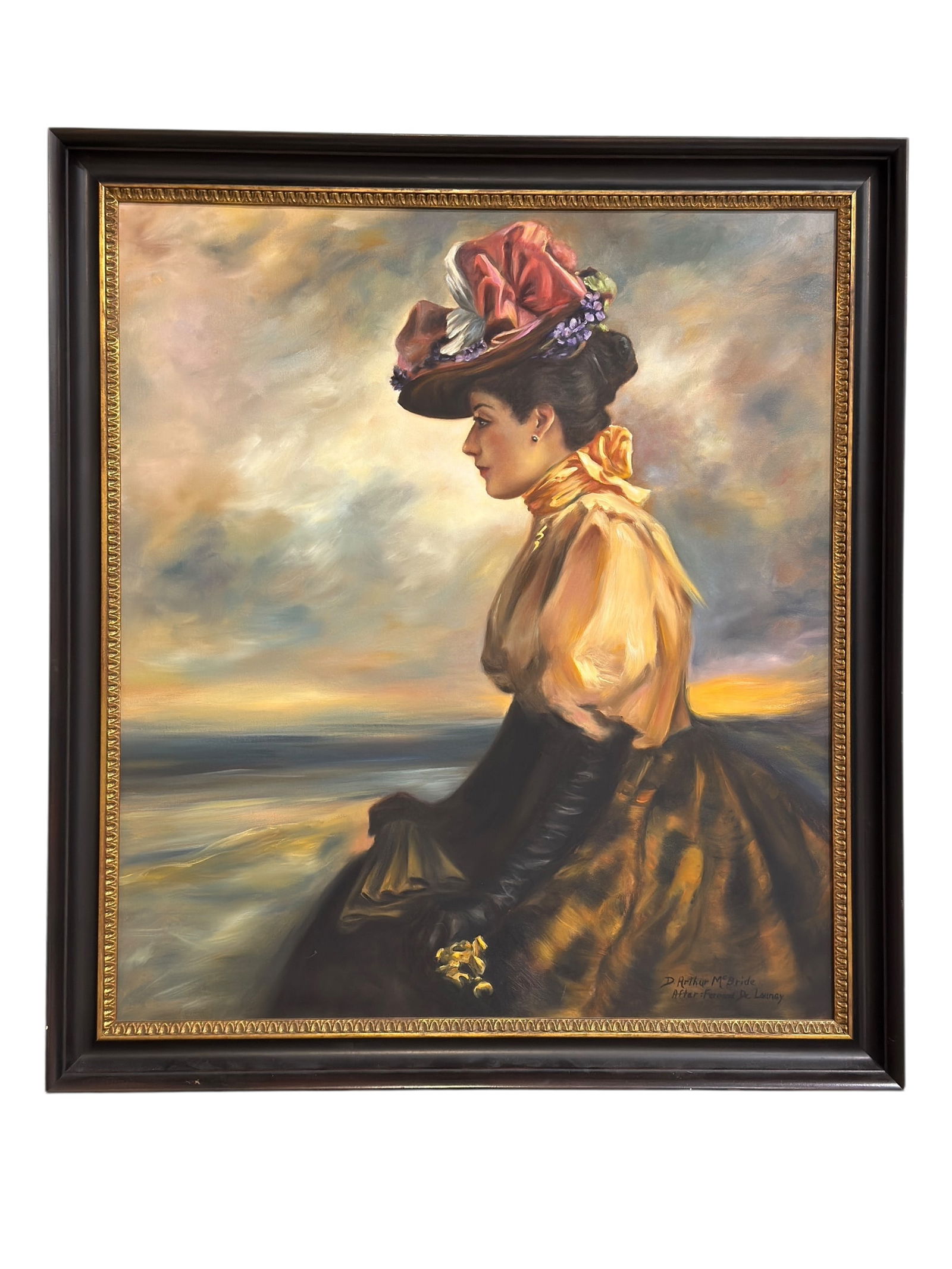 Signed D. Arthur McBride Oil on Canvas Portrait of a Belle Époque Lady: Oil on canvas painting depicting a refined Belle Époque–era woman in profile, seated along a shoreline at dusk, rendered in warm, atmospheric tones and elegant brushwork, signed lower right “D. A