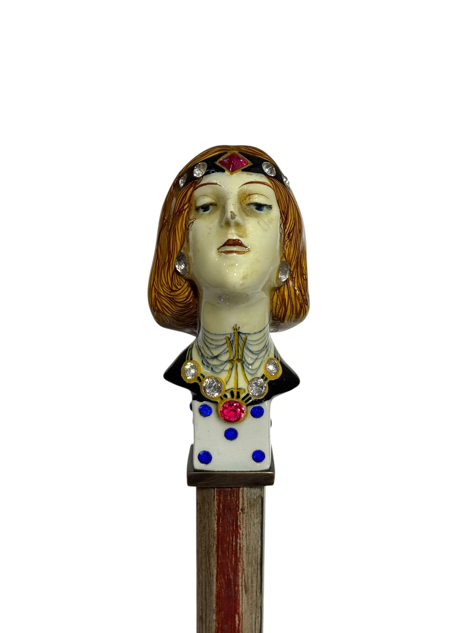 Cir 1920s Galvini Italia Brevettato Art Deco Majolica Bejeweled Lady Bust Cane (1 of 8)
