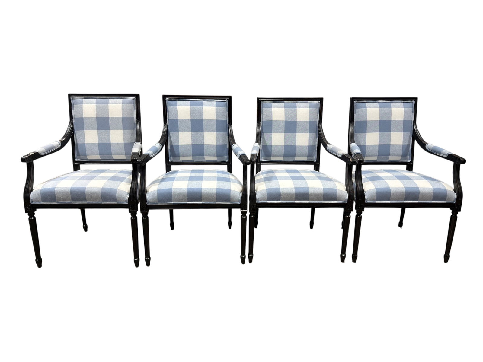 Set of 4 Ballard Designs Upholstered Armchairs: Set of four Ballard Designs upholstered armchairs, each featuring a square back and seat upholstered in a blue and cream buffalo check fabric, the frames finished in a black painted wood with gently c