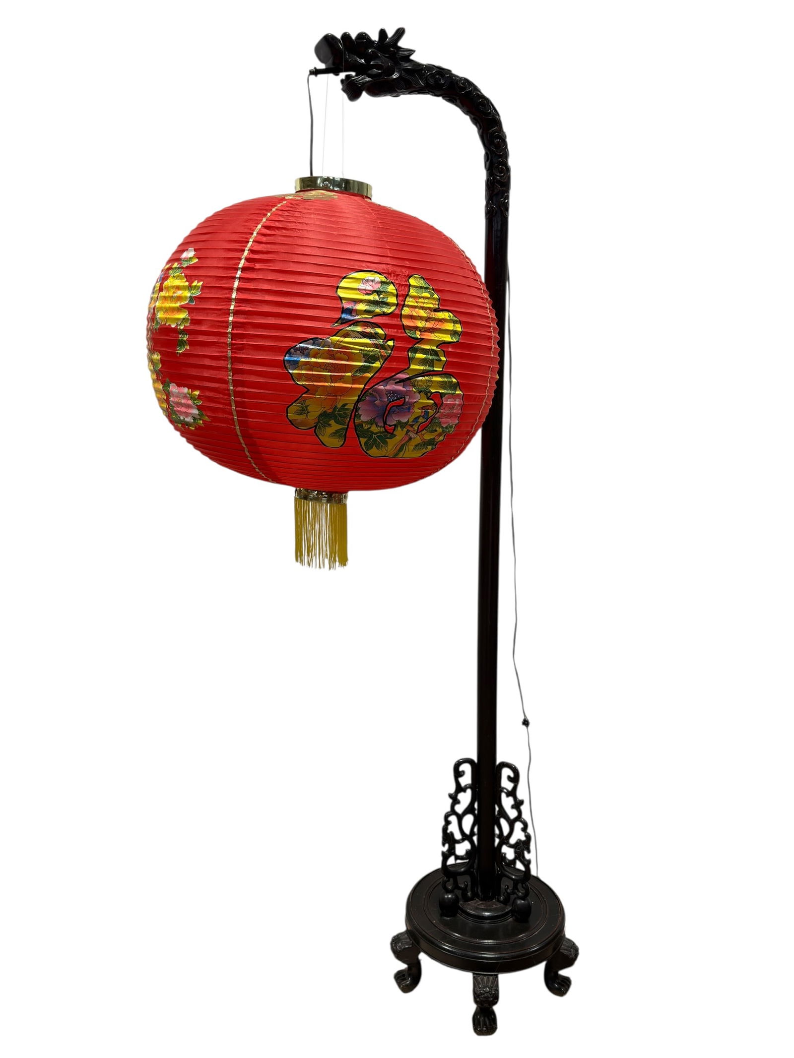 20th C. Chinese Style Carved Wood Dragon Floor Lamp w/ Paper Lantern Shade (1 of 8)