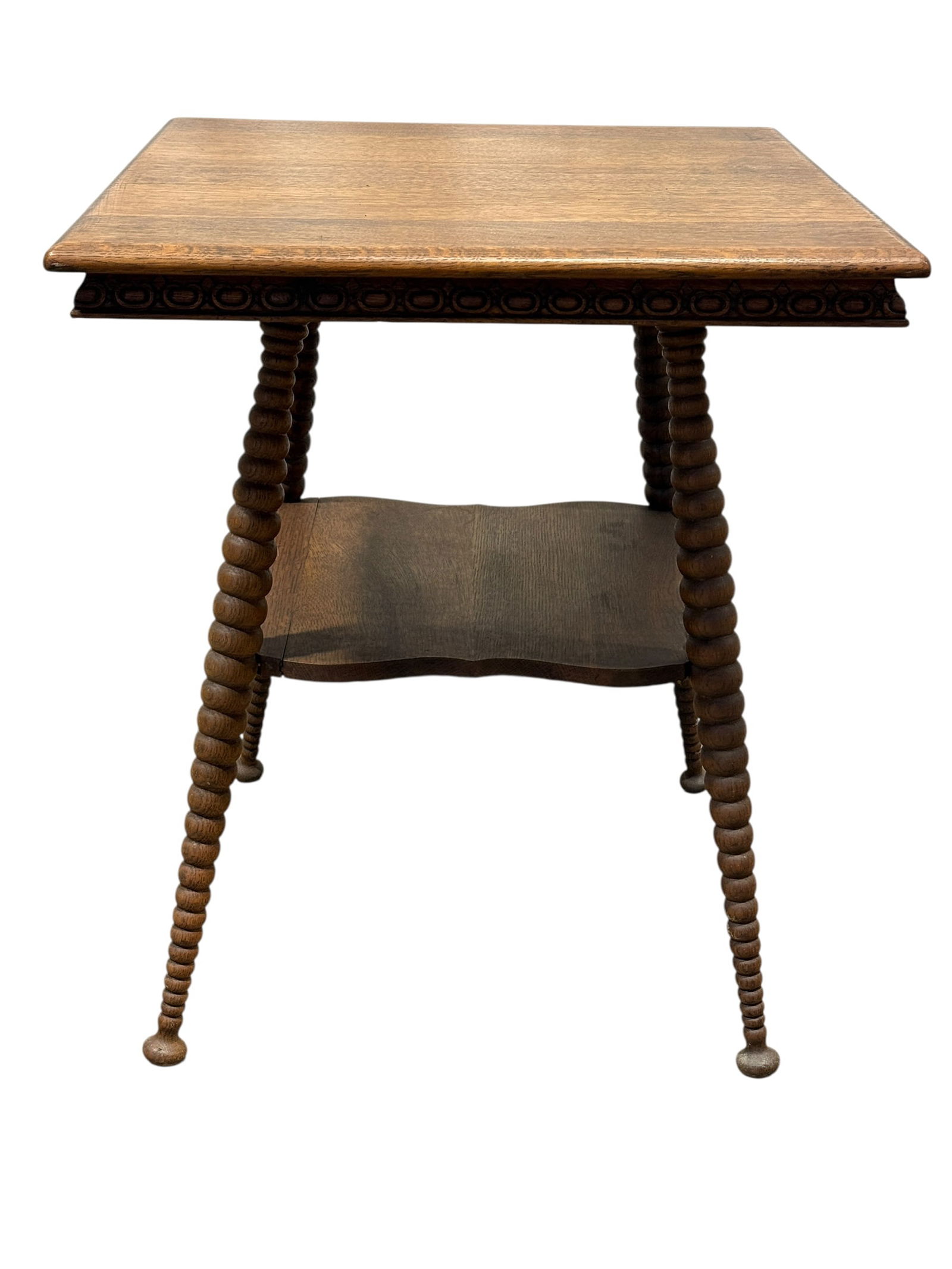 Early 20th C. Oak Bobbin-Leg Side Table w/ Carved Apron (1 of 6)