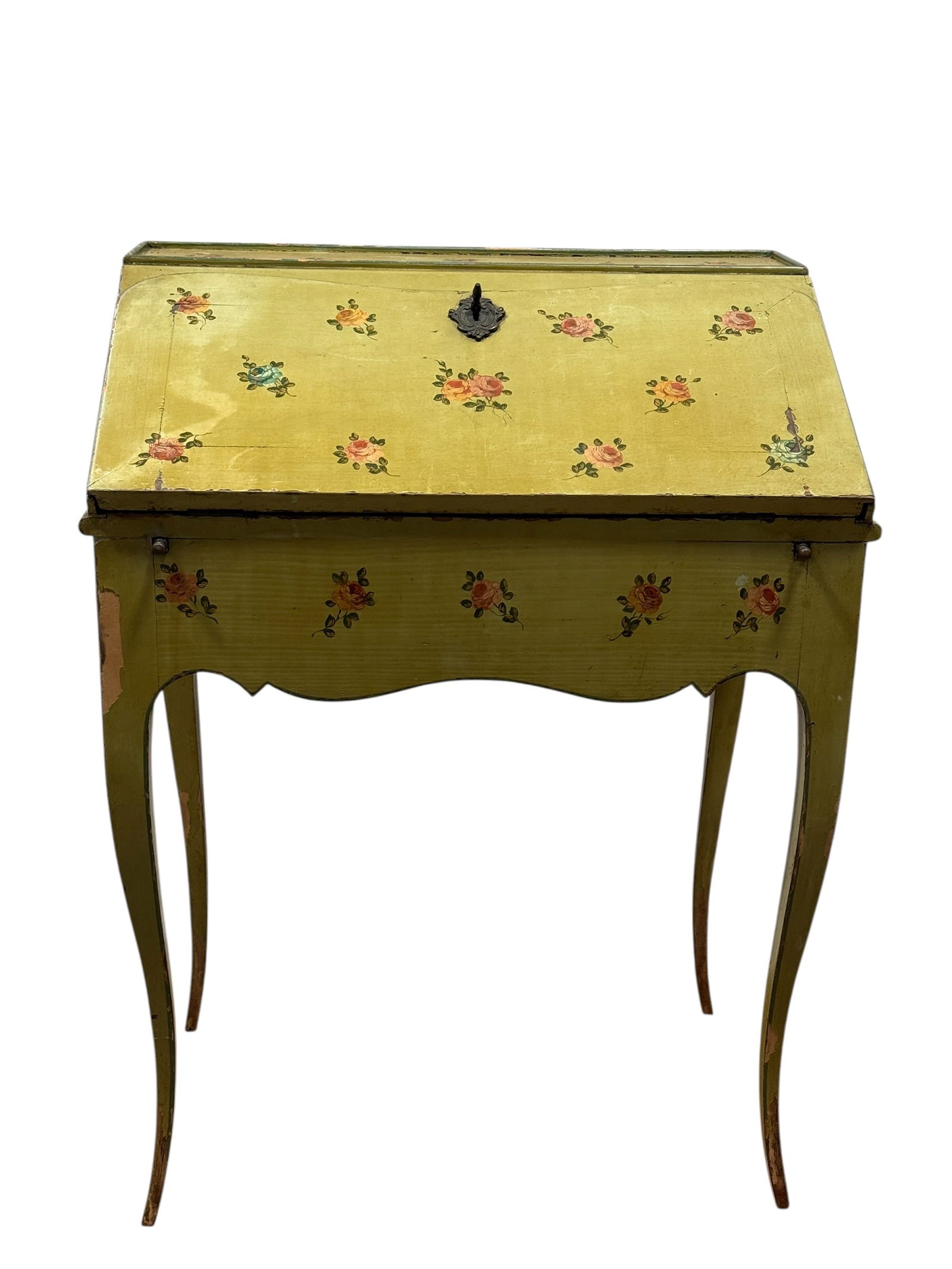 Late 19th C. French Provincial Style Painted Slant-Front Desk: Charming late 19th century French Provincial Style slant-front desk in olive green paint with hand-painted scattered floral sprays throughout, the hinged fall-front opening to reveal a fitted