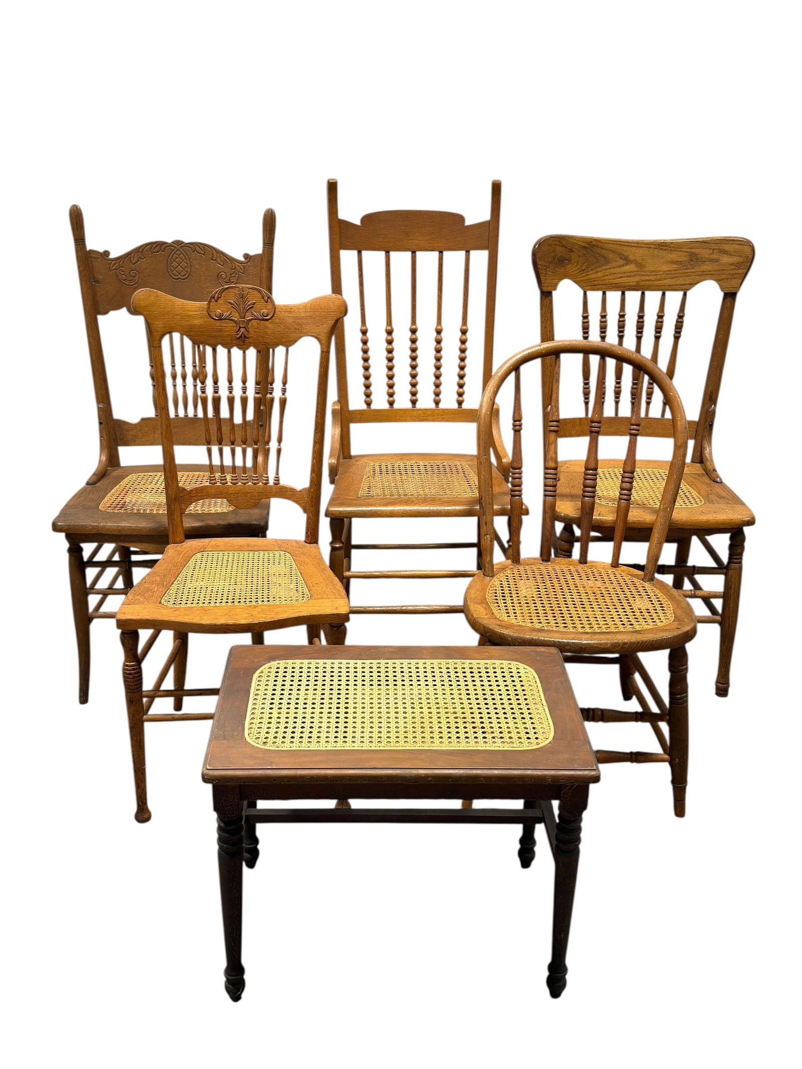 Group of 5 Oak Caned Chairs & Caned Bench (1 of 13)