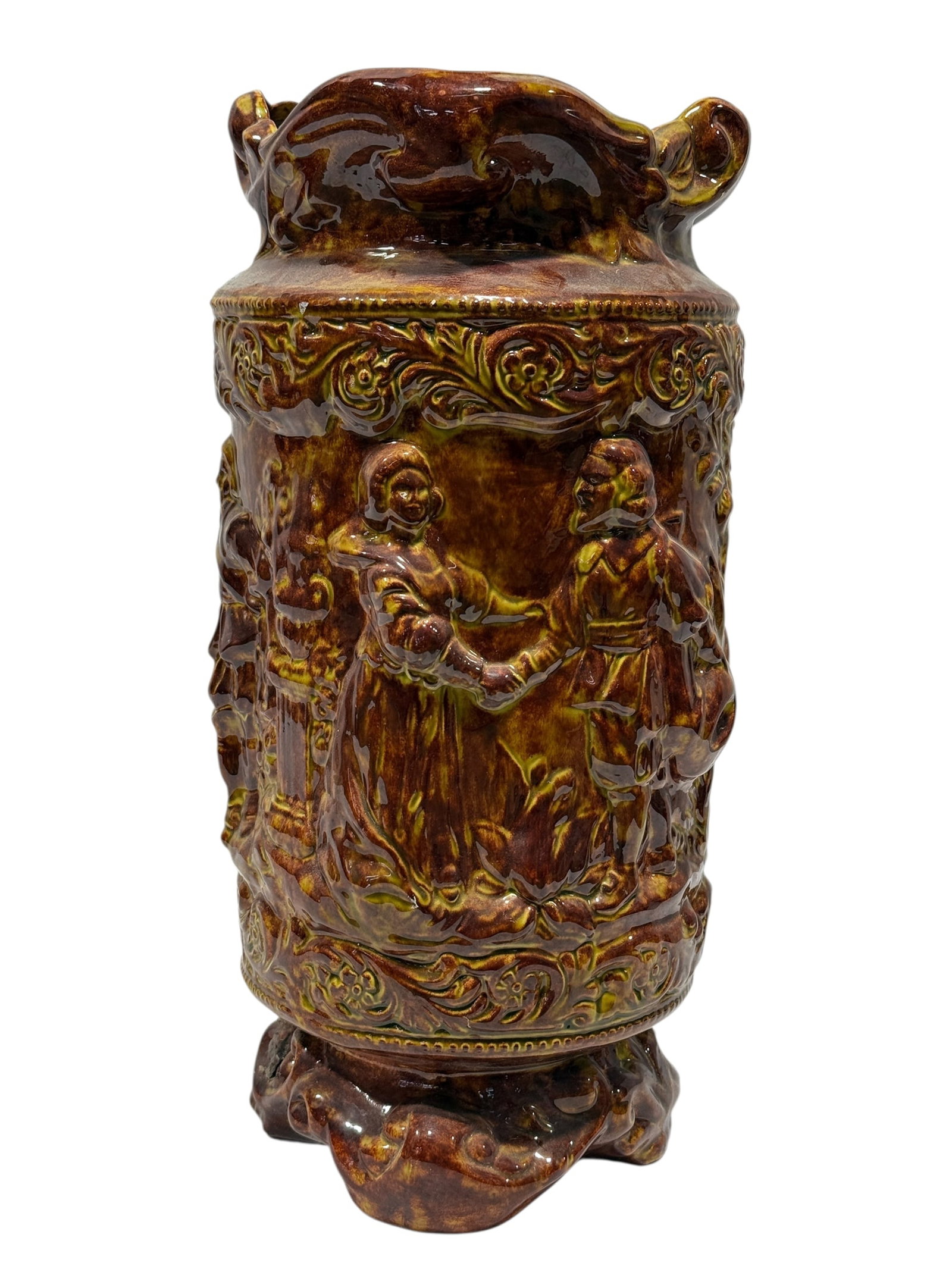 Glazed Porcelain Figural Vase w/ Relief Scenes (1 of 7)