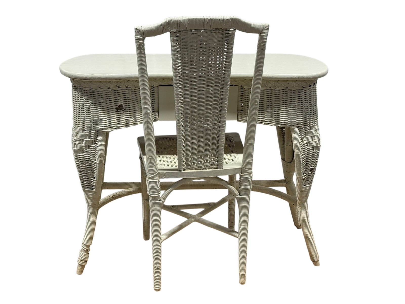 Vintage White Painted Wicker Vanity Desk w/ Chair (1 of 15)