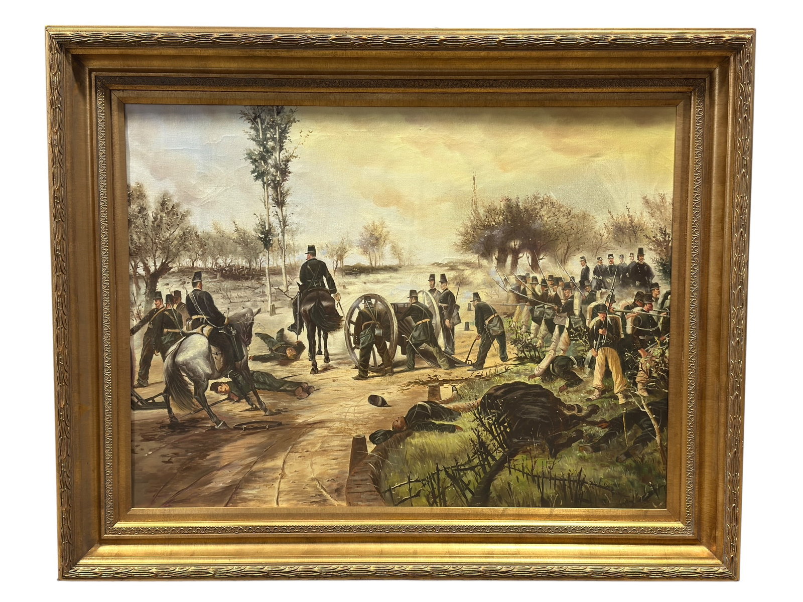 20th C. Civil War Battle Scene Oil on Canvas: A large oil on canvas depicting a dramatic Civil War battlefield scene, showing Union infantry, mounted officers, and an artillery crew advancing across a smoke-filled landscape as fallen soldiers lie