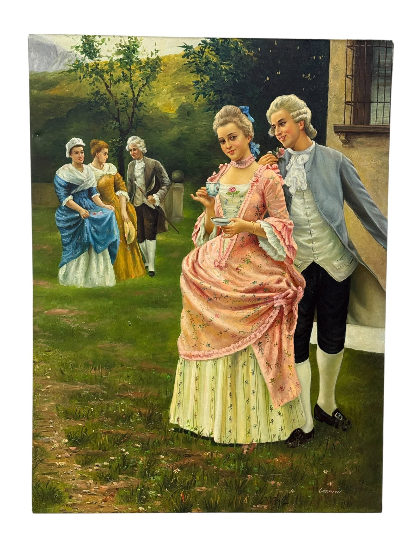 Signed Cormon 20th C. Rococo-Style Garden Scene, Oil on Canvas: Large 20th century oil on canvas painting signed “Cormon” in the lower right, depicting an elegant Rococo-inspired garden scene with finely dressed figures in 18th century attire enjoying a le