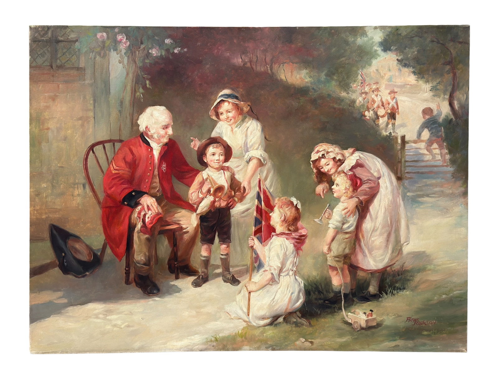 Signed Frank Johnson Patriotic Village Scene w/ Children Oil on Canvas: This charming oil on canvas painting depicts a lively pastoral village scene centered on a group of children and a seated elderly redcoat figure, suggestive of a nostalgic, storybook interpretation of