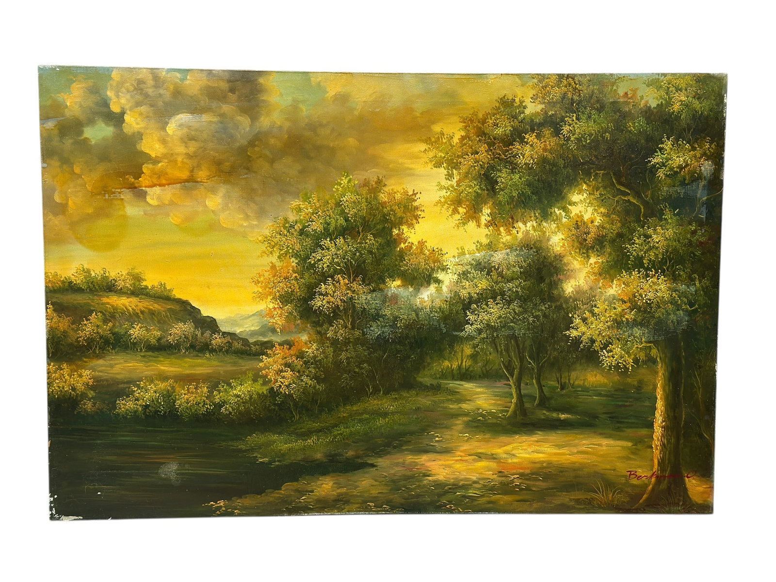 Signed O. Berkman Oil on Canvas Landscape Painting: This atmospheric oil on canvas landscape depicts a sunlit woodland scene with a winding path, dense trees, and dramatic golden sky, rendered in warm tonal hues with expressive brushwork throughout; th